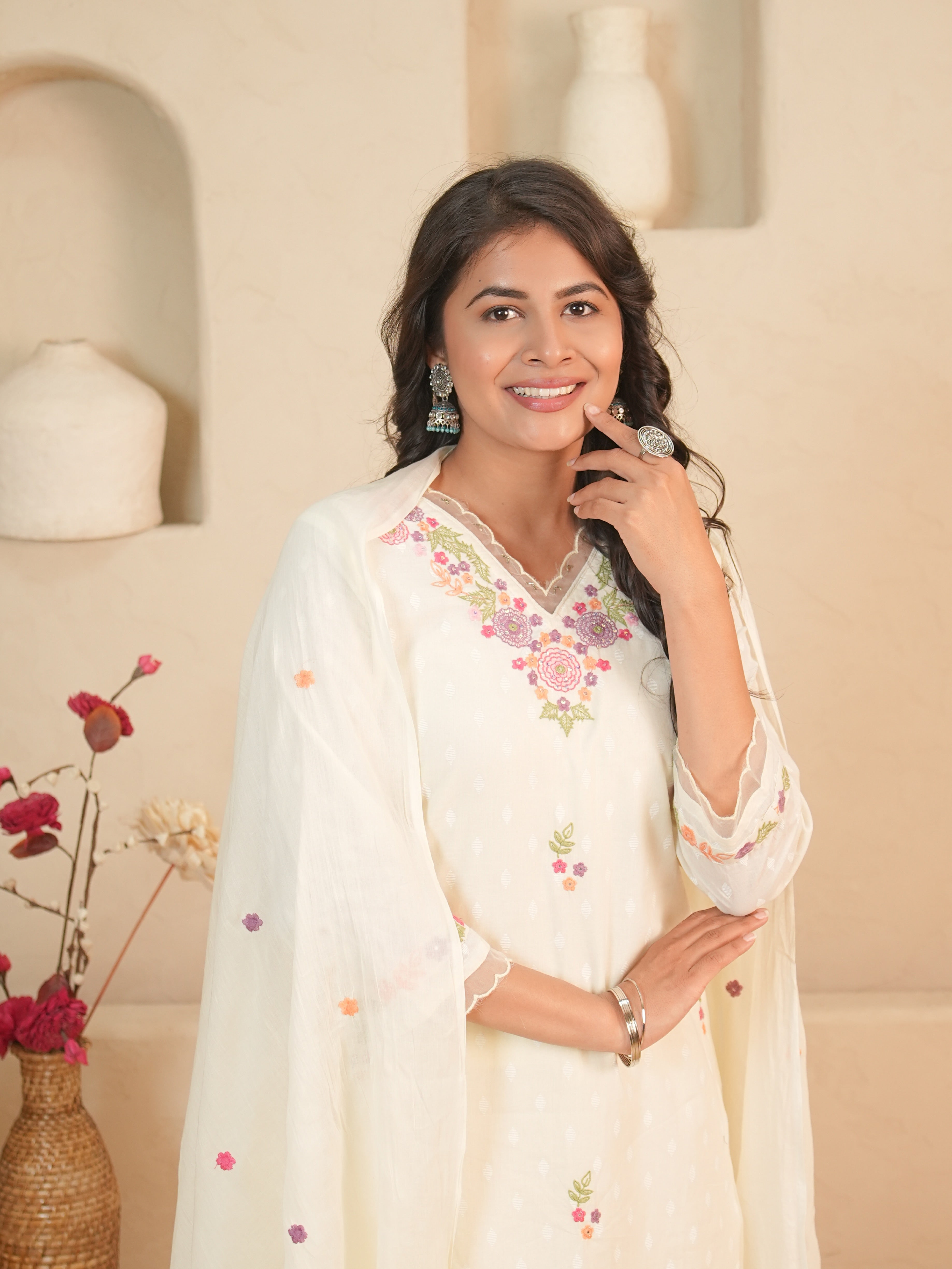 Off-White Floral Embroidered Mul Cotton Kurti Set with Palazzo & Dupatta | Gouri Jaipur