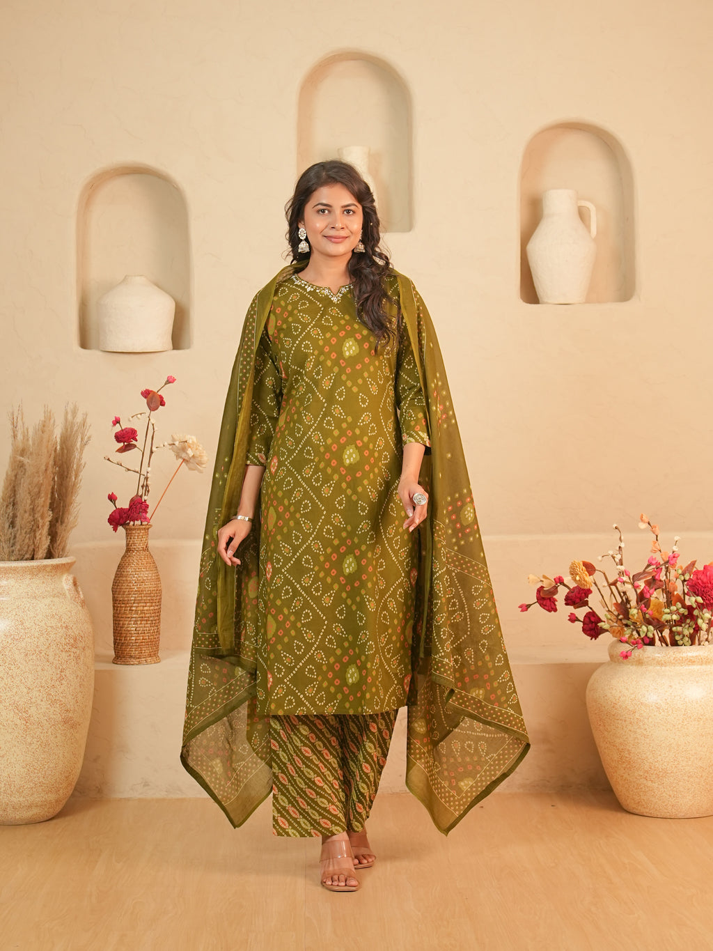 Olive Green Bandhani Printed Pure Cotton Kurti Set with Mirror Work | Gouri Jaipur