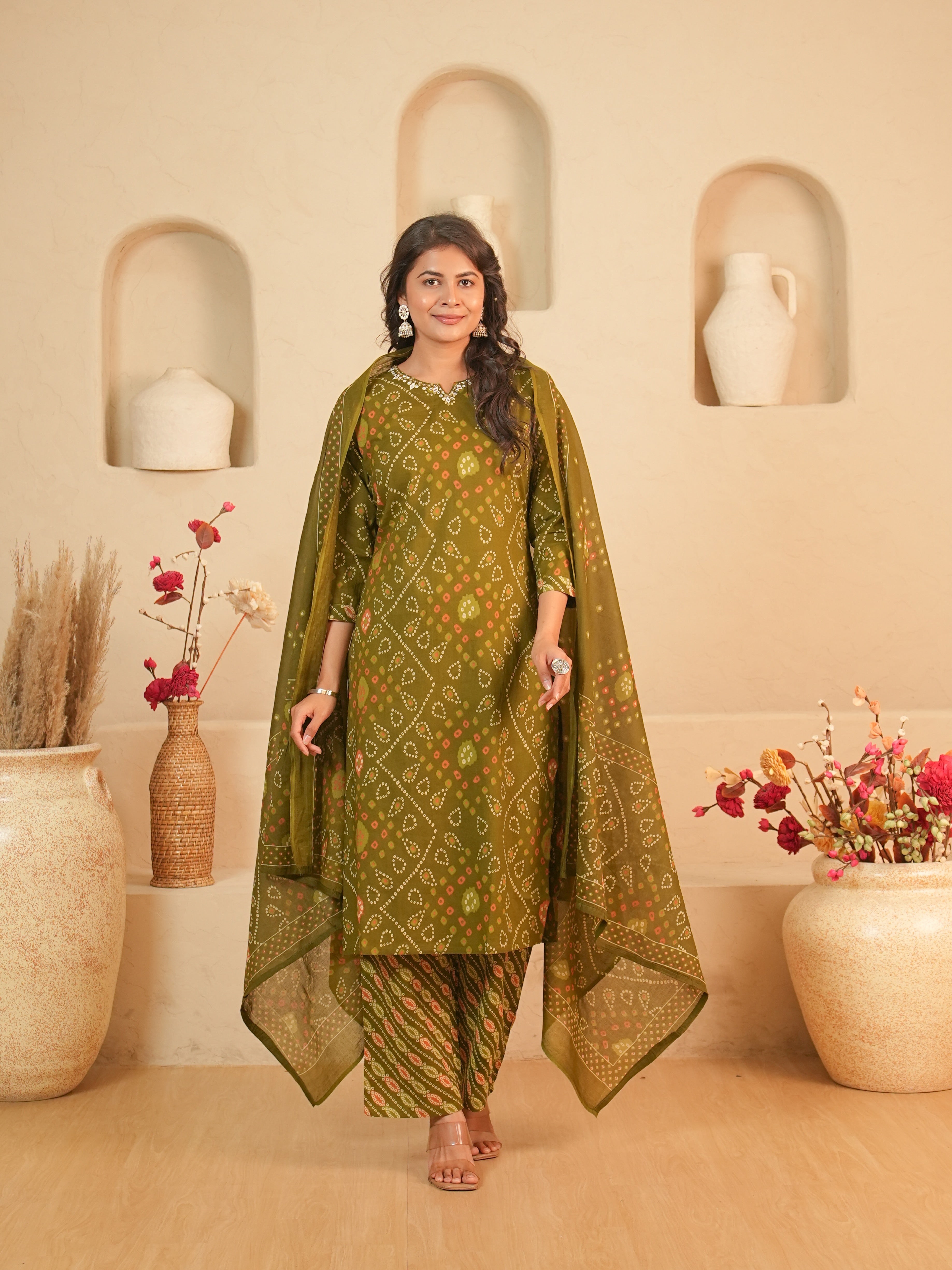 Olive Green Bandhani Printed Pure Cotton Kurti Set with Mirror Work | Gouri Jaipur