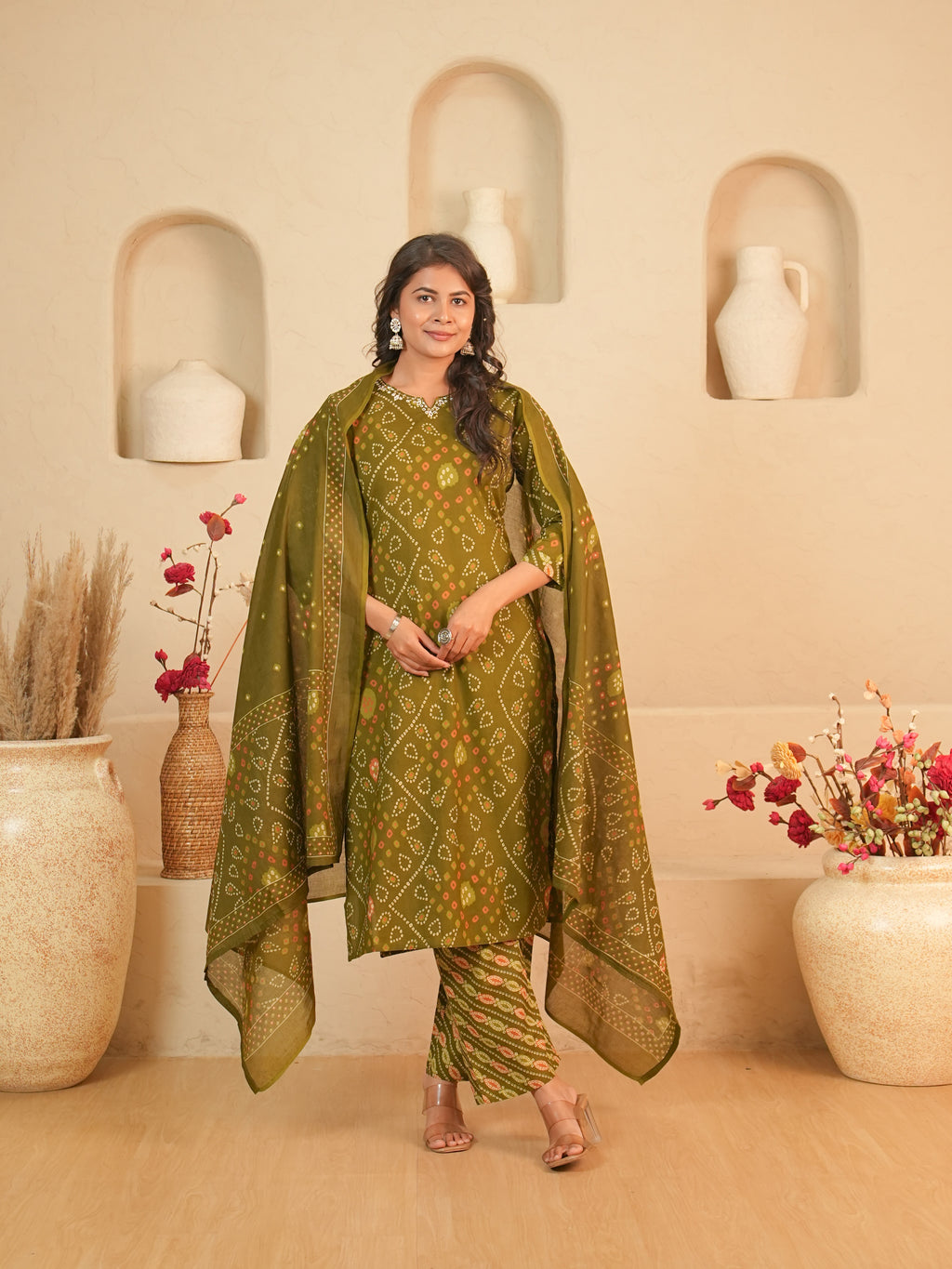 Olive Green Bandhani Printed Pure Cotton Kurti Set with Mirror Work | Gouri Jaipur