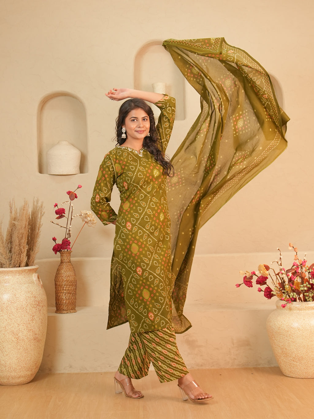 Olive Green Bandhani Printed Pure Cotton Kurti Set with Mirror Work | Gouri Jaipur