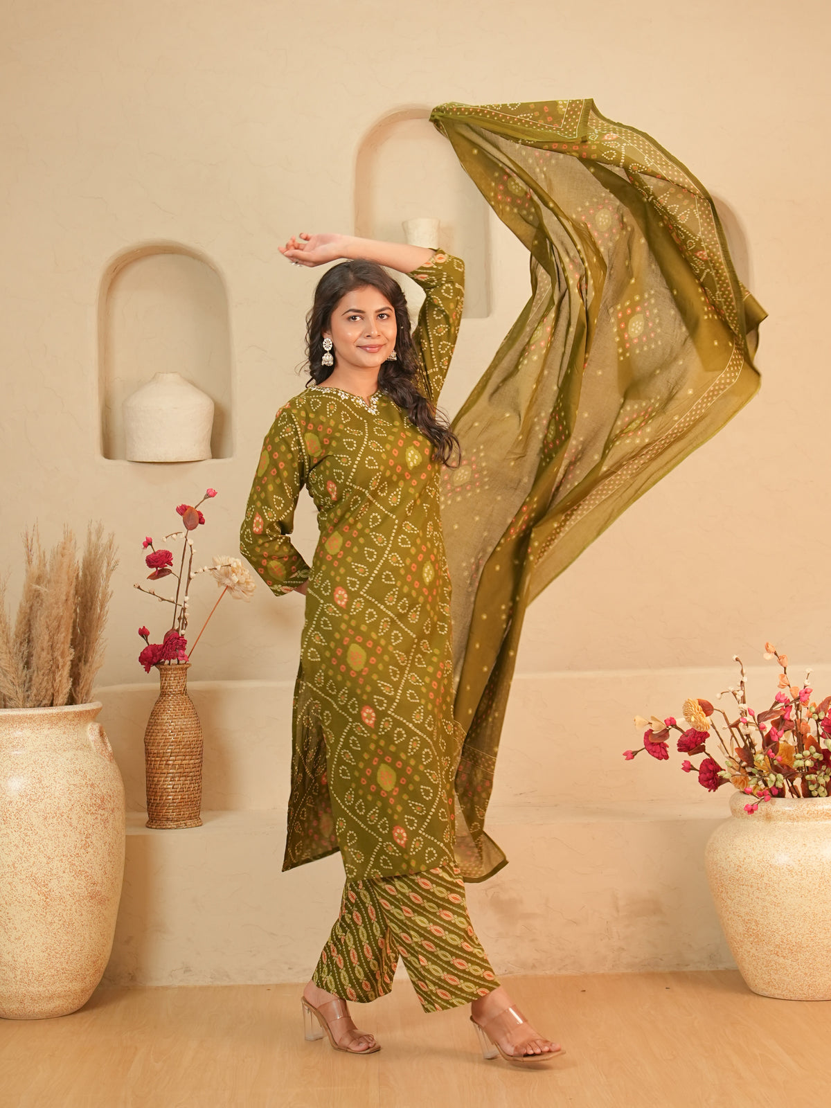Olive Green Bandhani Printed Pure Cotton Kurti Set with Mirror Work | Gouri Jaipur