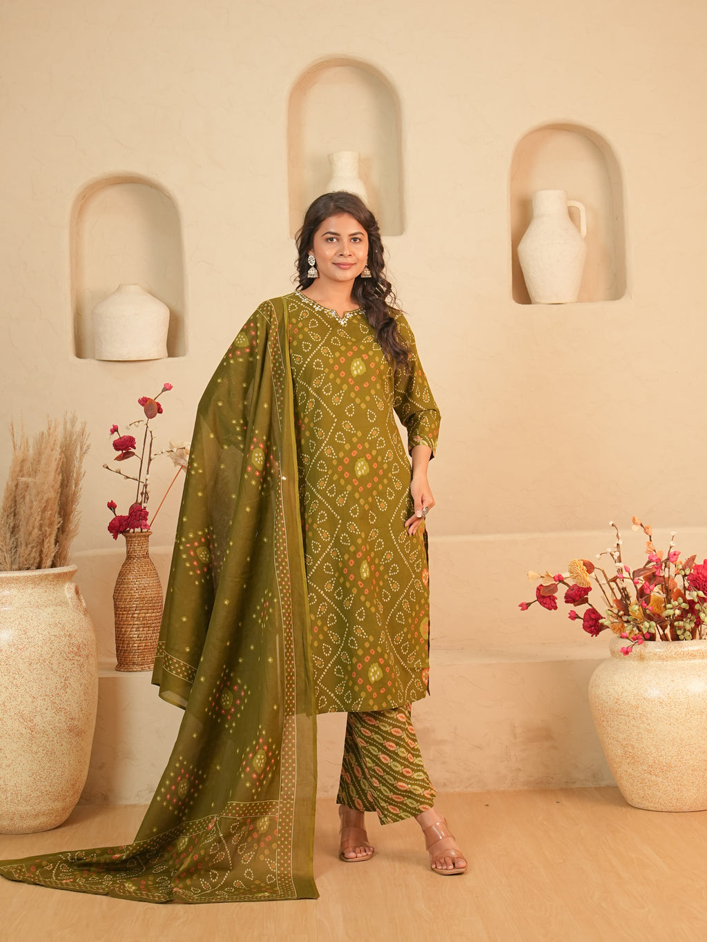 Olive Green Bandhani Printed Pure Cotton Kurti Set with Mirror Work | Gouri Jaipur