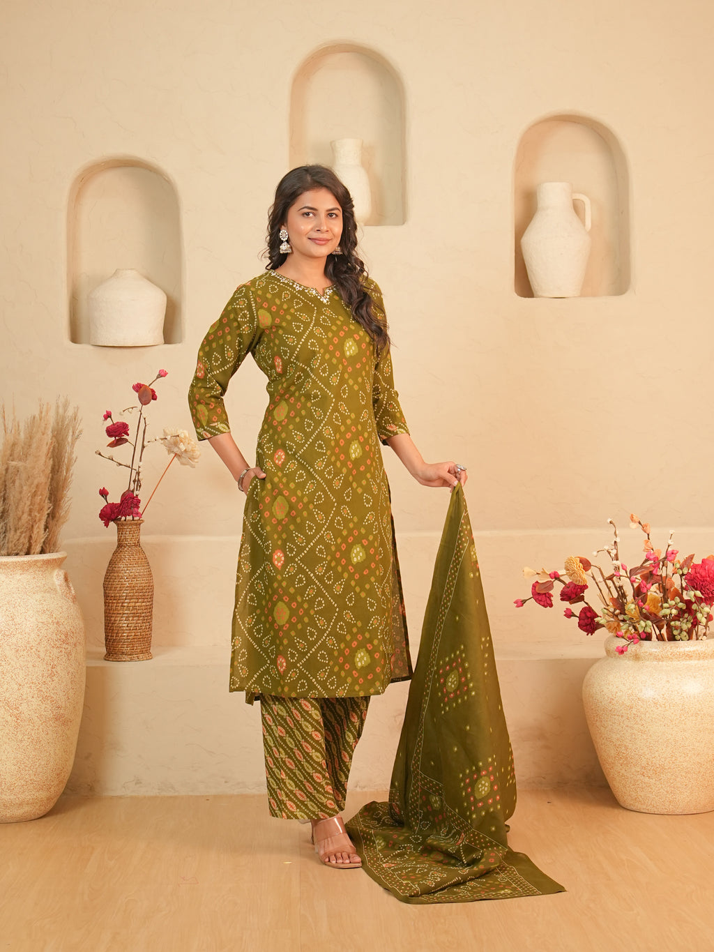 Olive Green Bandhani Printed Pure Cotton Kurti Set with Mirror Work | Gouri Jaipur