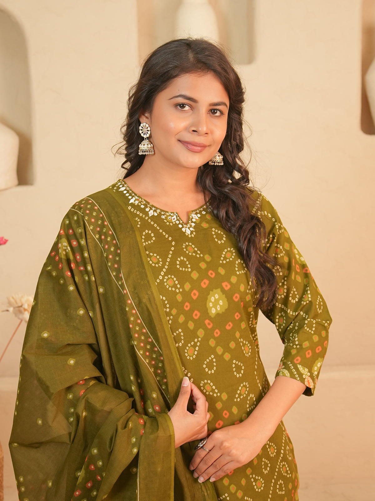 Olive Green Bandhani Printed Pure Cotton Kurti Set with Mirror Work | Gouri Jaipur