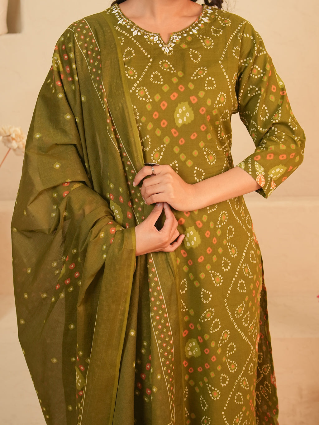 Olive Green Bandhani Printed Pure Cotton Kurti Set with Mirror Work | Gouri Jaipur