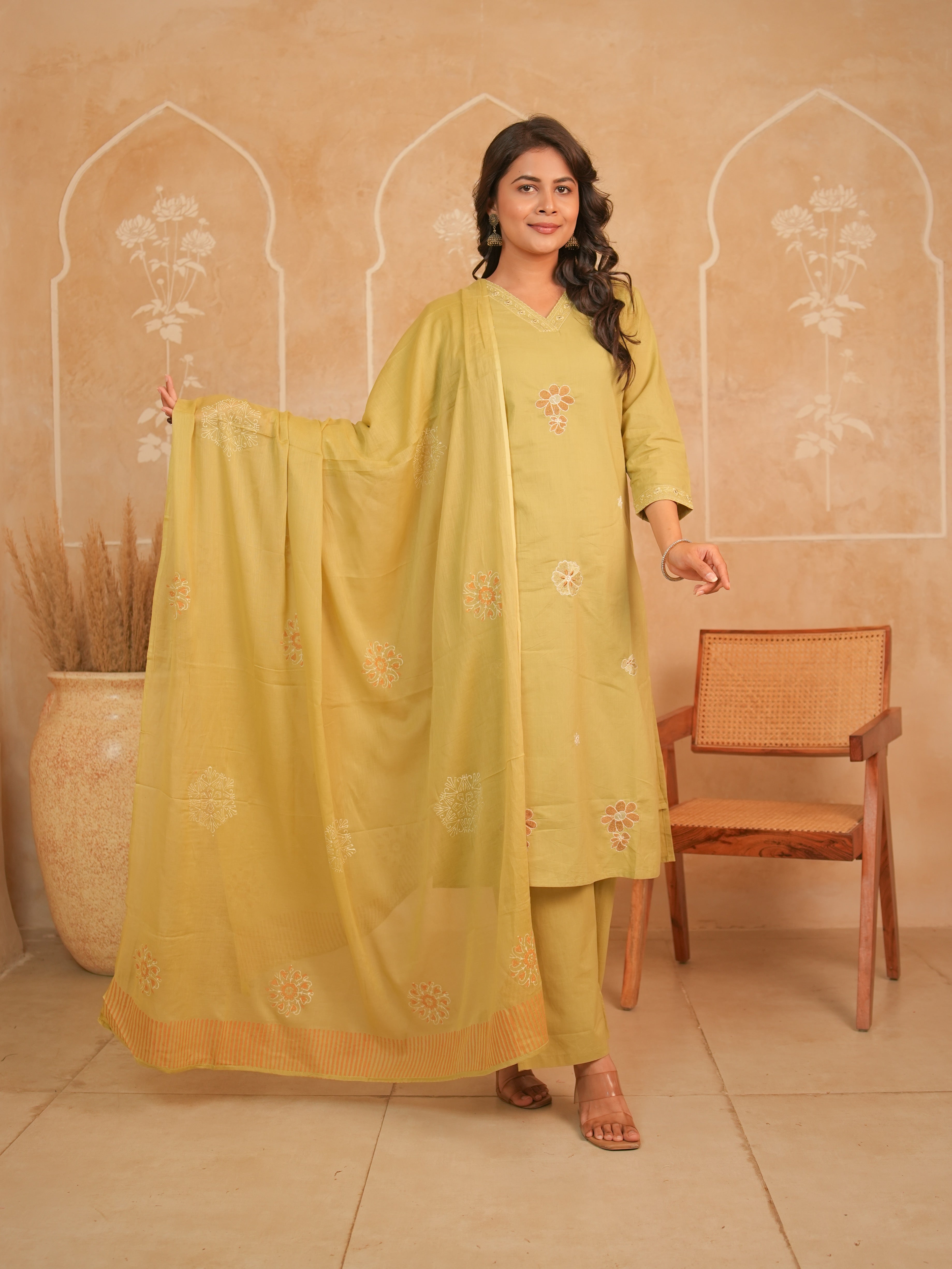 Olive Green Embroidered Mul Cotton Kurti Set with Dupatta | Gouri Jaipur