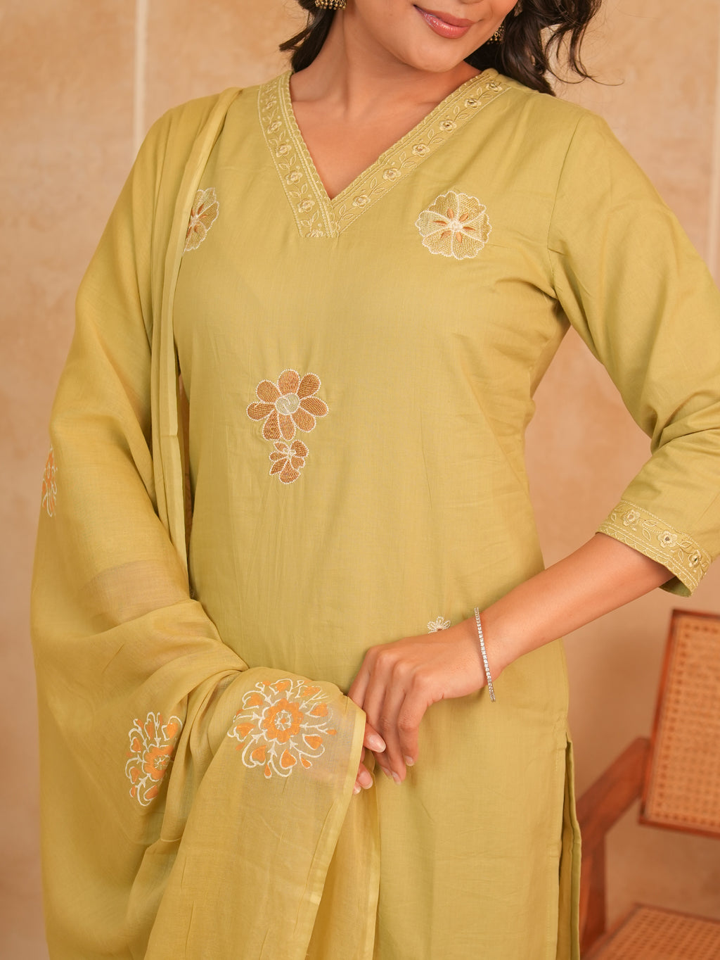 Olive Green Embroidered Mul Cotton Kurti Set with Dupatta | Gouri Jaipur