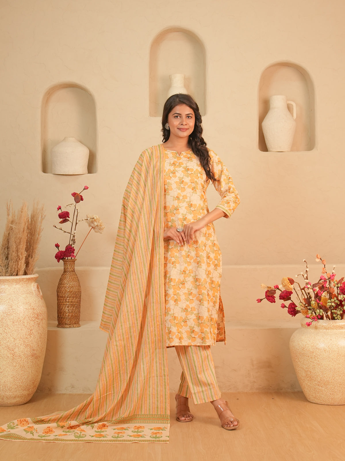 Peach Floral Printed Pure Cotton Kurti Set with Striped Palazzo | Gouri Jaipur