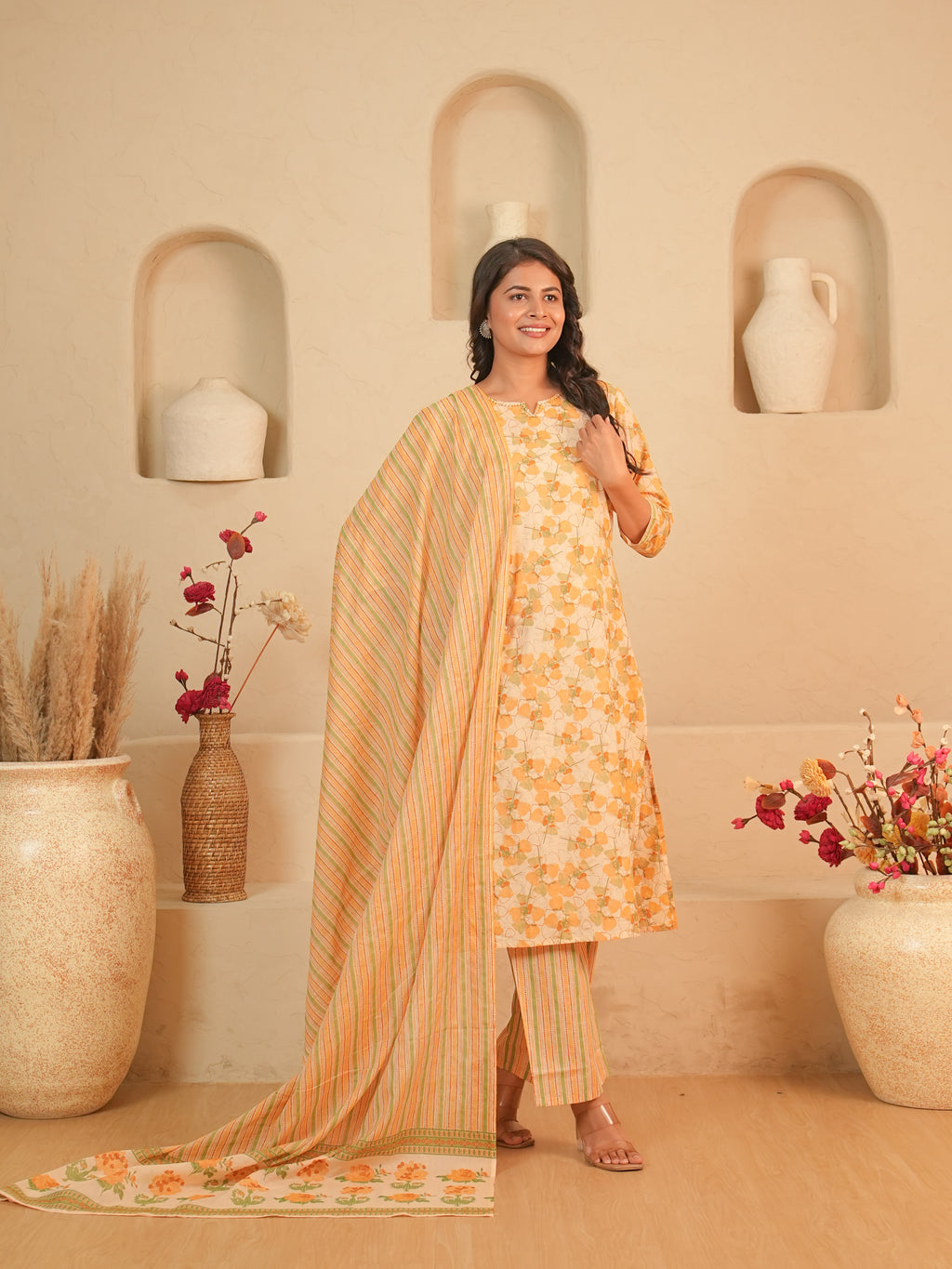 Peach Floral Printed Pure Cotton Kurti Set with Striped Palazzo | Gouri Jaipur