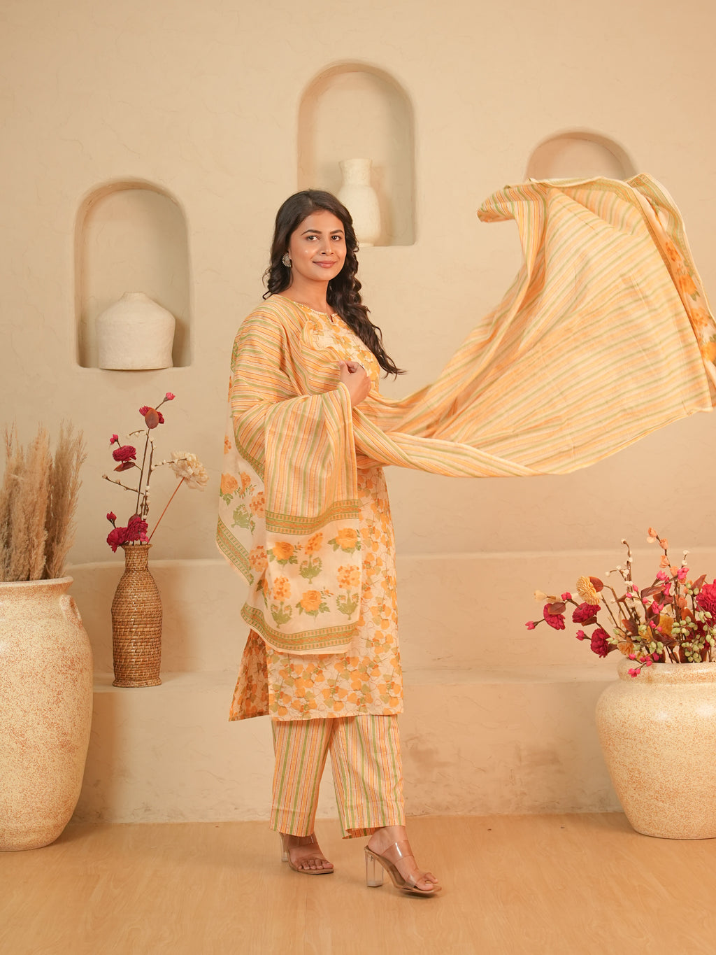Peach Floral Printed Pure Cotton Kurti Set with Striped Palazzo | Gouri Jaipur