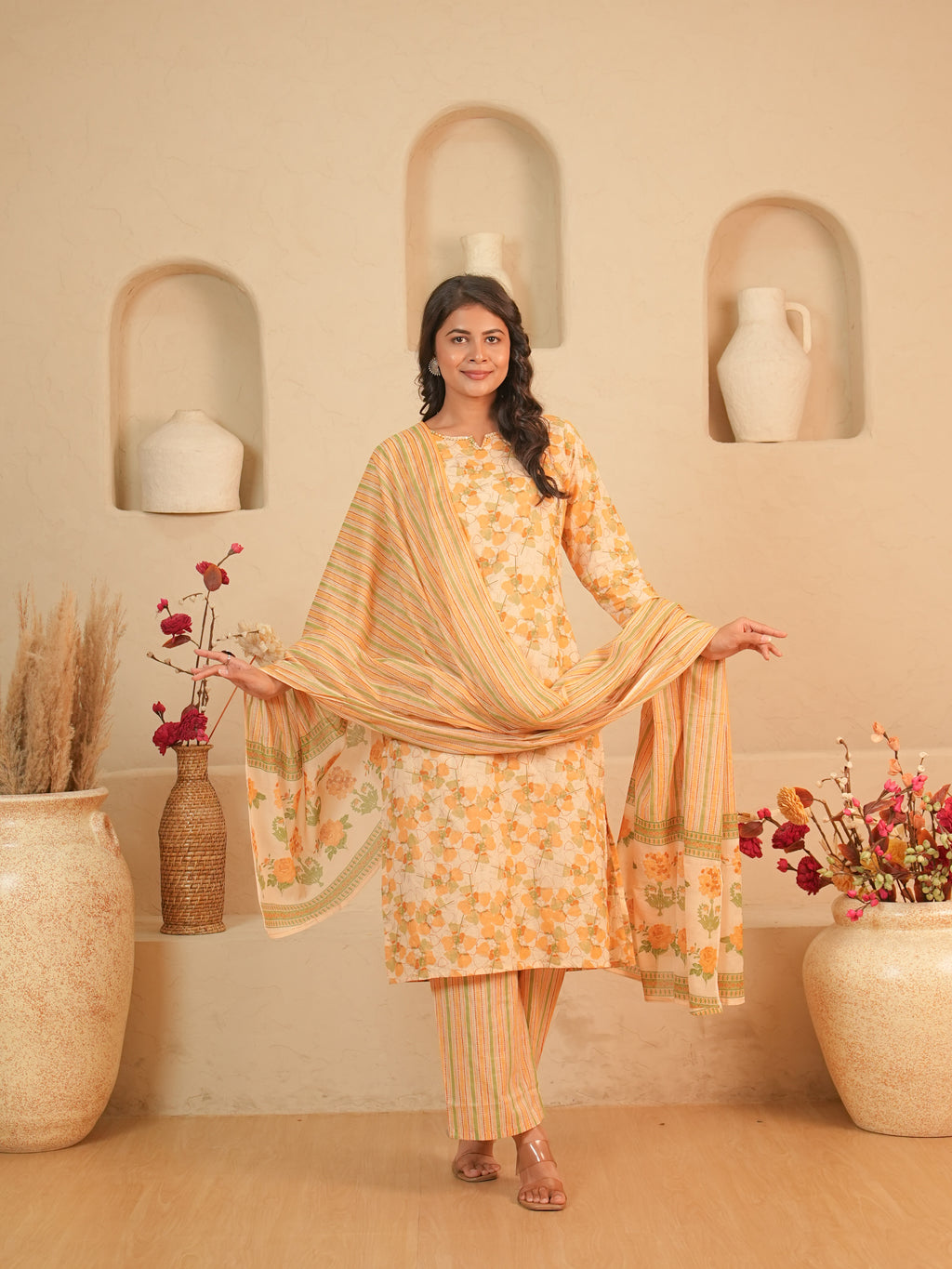Peach Floral Printed Pure Cotton Kurti Set with Striped Palazzo | Gouri Jaipur