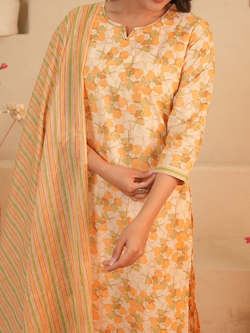Peach Floral Printed Pure Cotton Kurti Set with Striped Palazzo | Gouri Jaipur