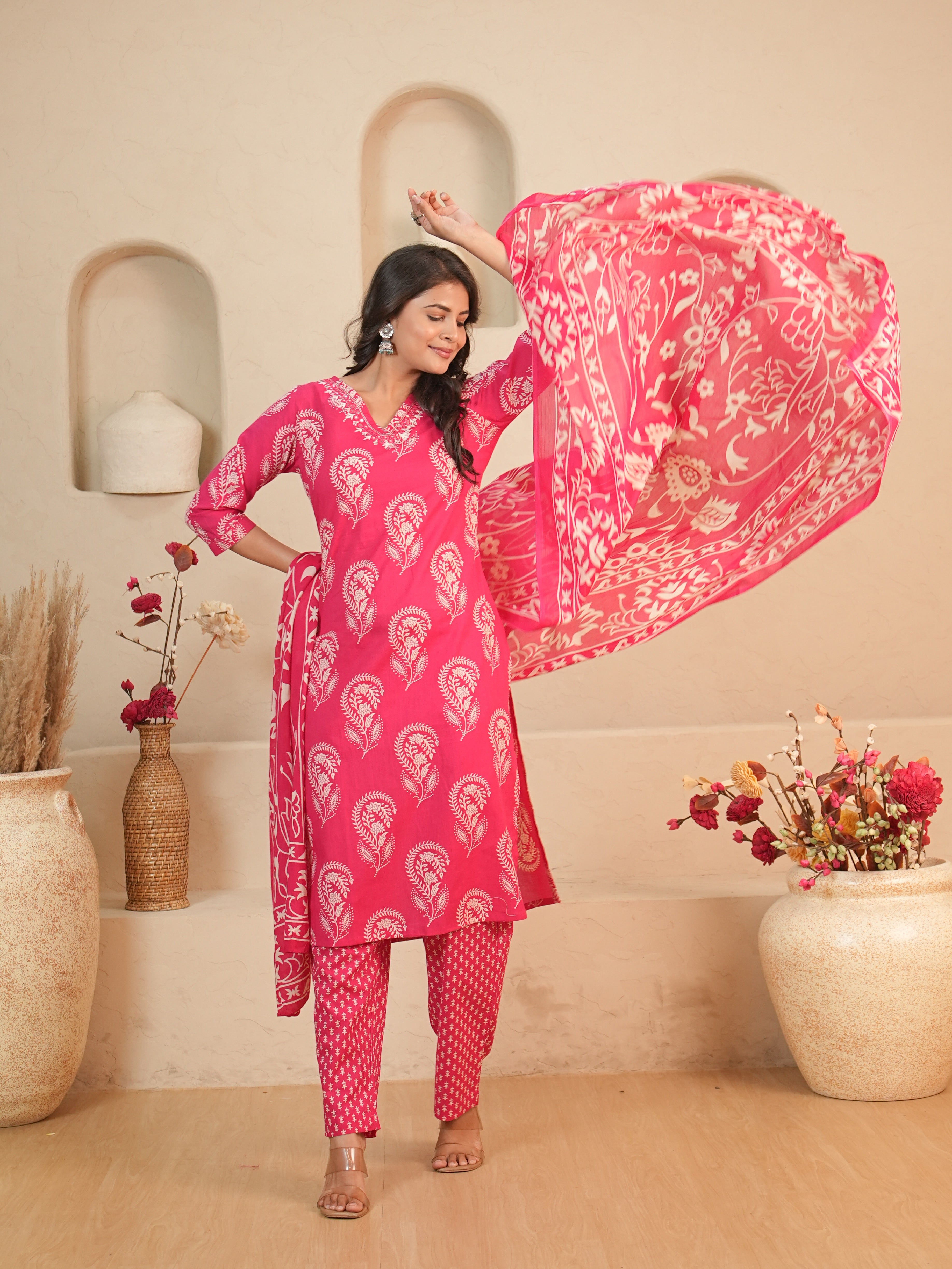 Pink Paisley Printed Pure Cotton Kurti Set | Gouri Jaipur