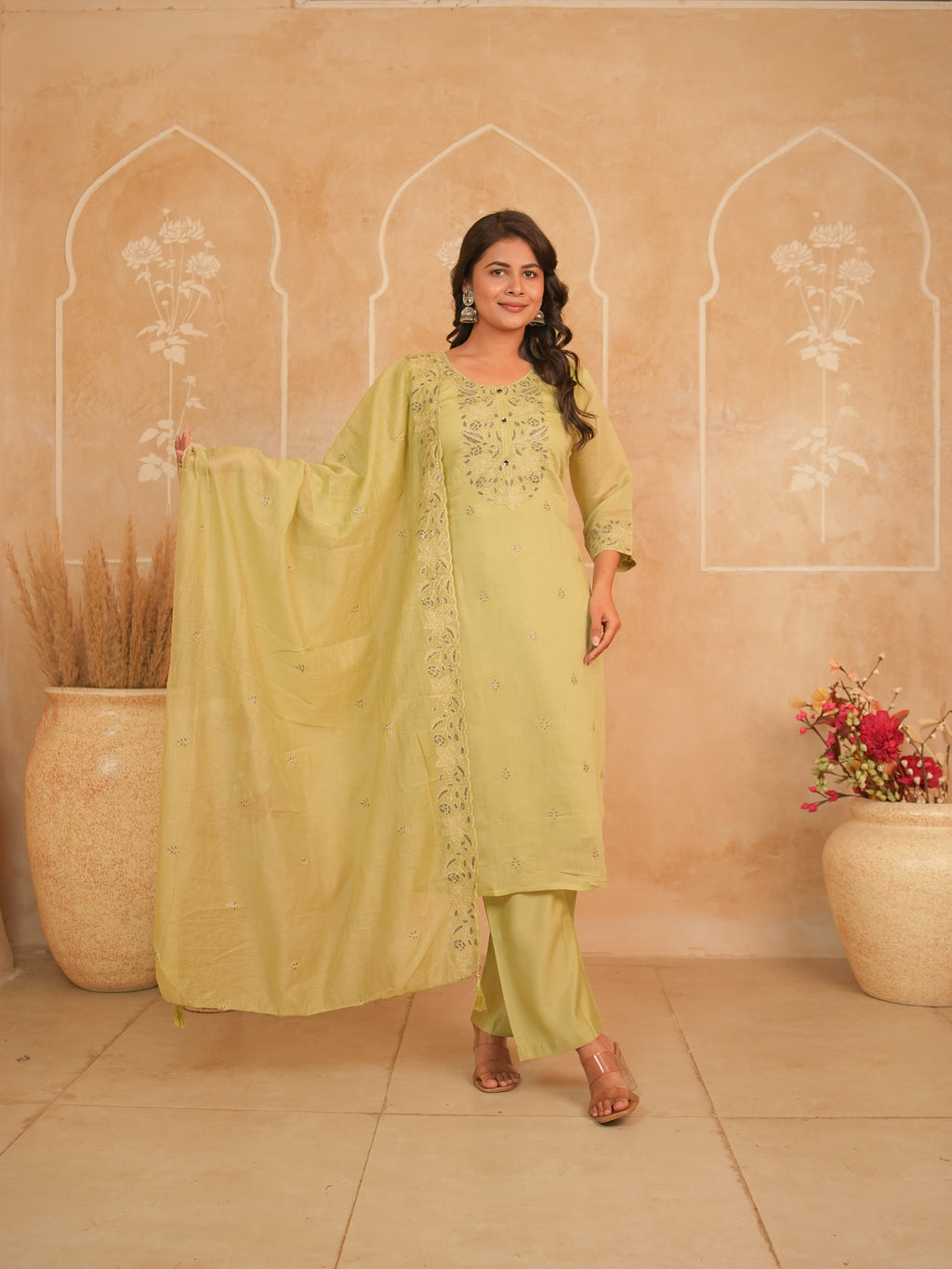 Pistachio Green Embroidered Mul Chanderi Kurti Set | Gouri Jaipur