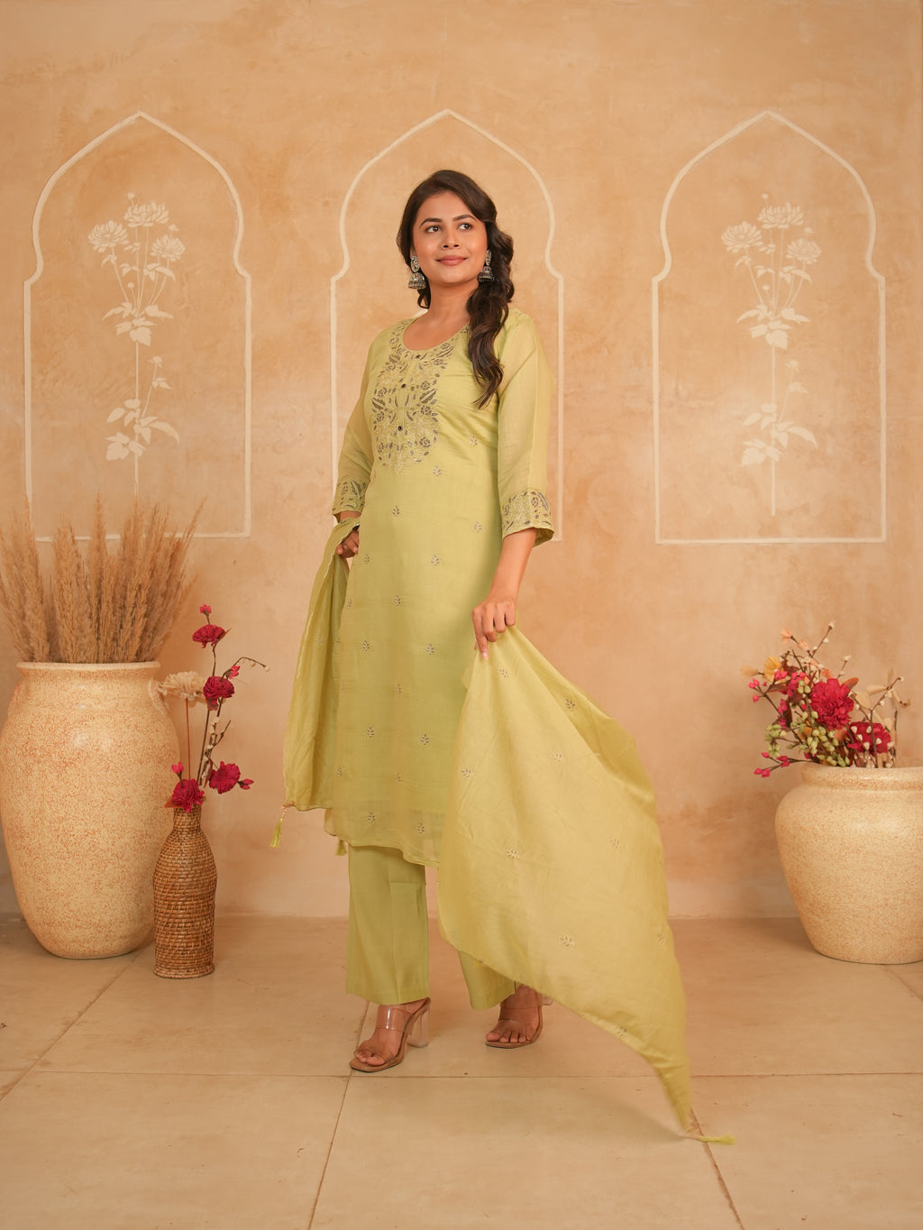 Pistachio Green Embroidered Mul Chanderi Kurti Set | Gouri Jaipur