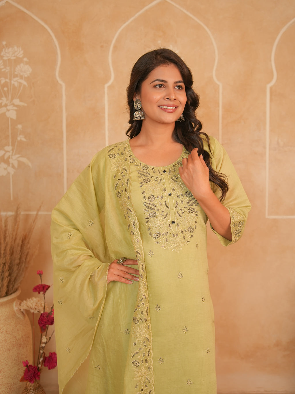 Pistachio Green Embroidered Mul Chanderi Kurti Set | Gouri Jaipur