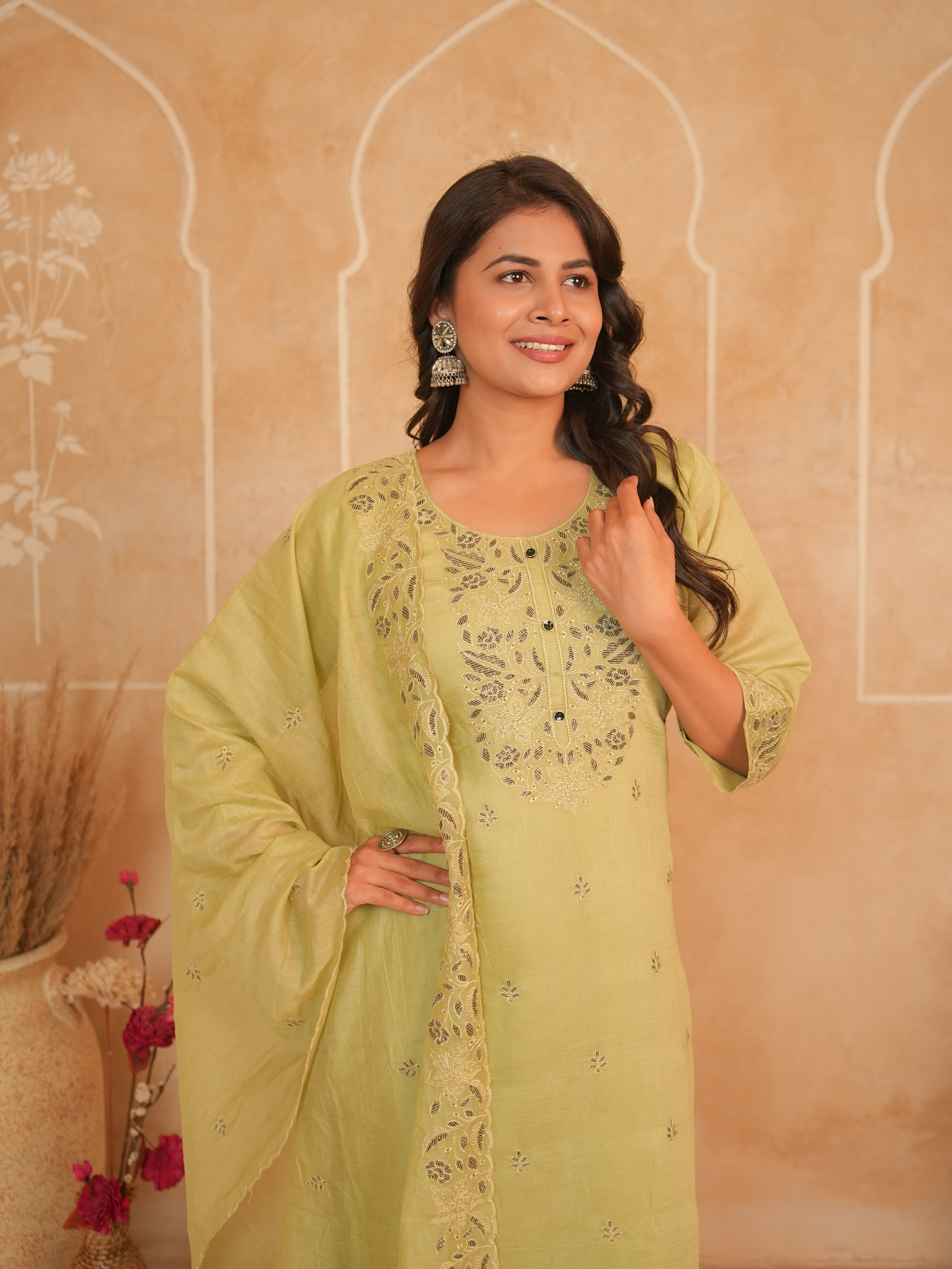 Pistachio Green Embroidered Mul Chanderi Kurti Set | Gouri Jaipur