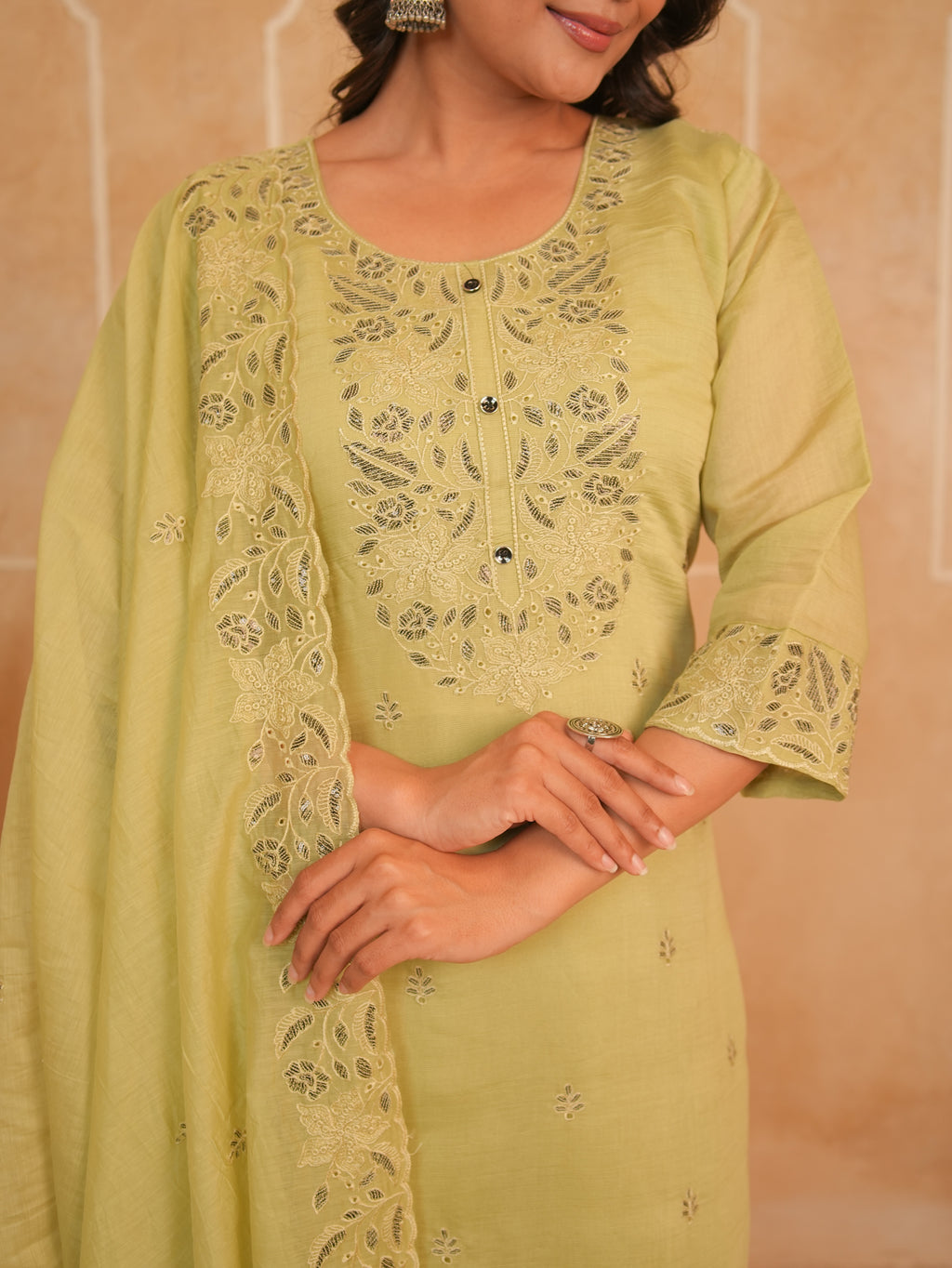 Pistachio Green Embroidered Mul Chanderi Kurti Set | Gouri Jaipur