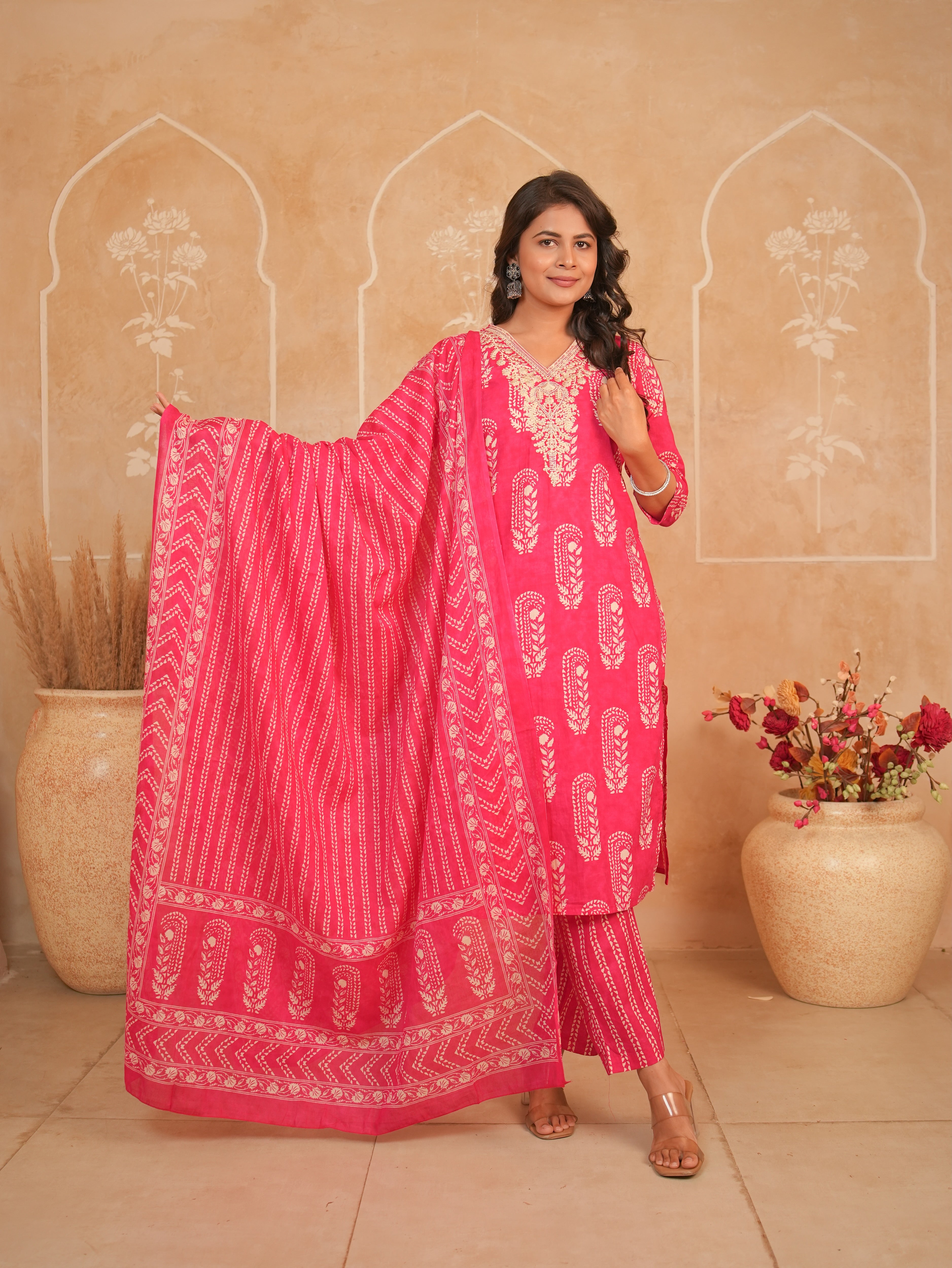 Rani Pink Printed Pure Cotton Kurti Set with Palazzo & Dupatta | Gouri Jaipur