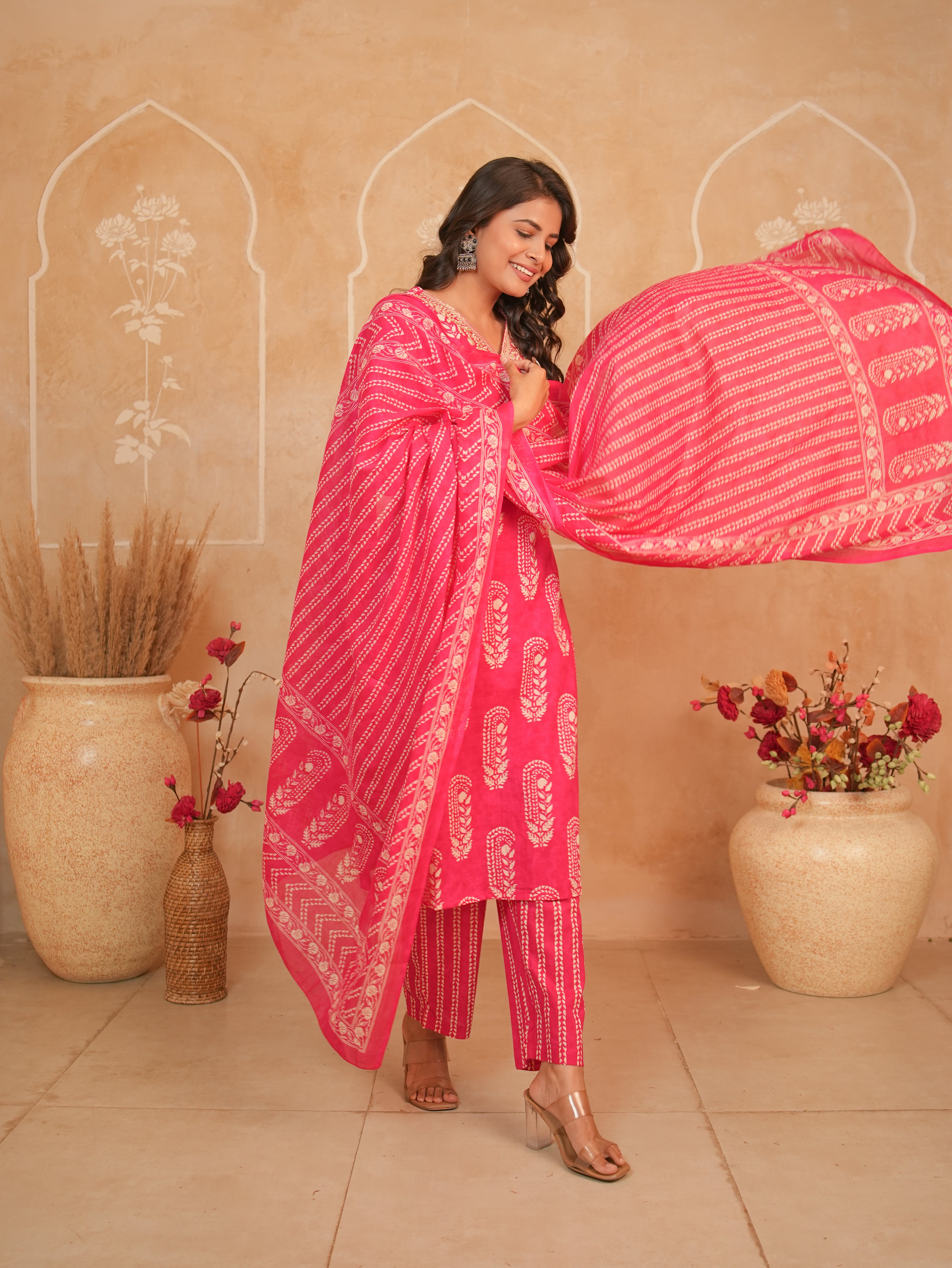 Rani Pink Printed Pure Cotton Kurti Set with Palazzo & Dupatta | Gouri Jaipur