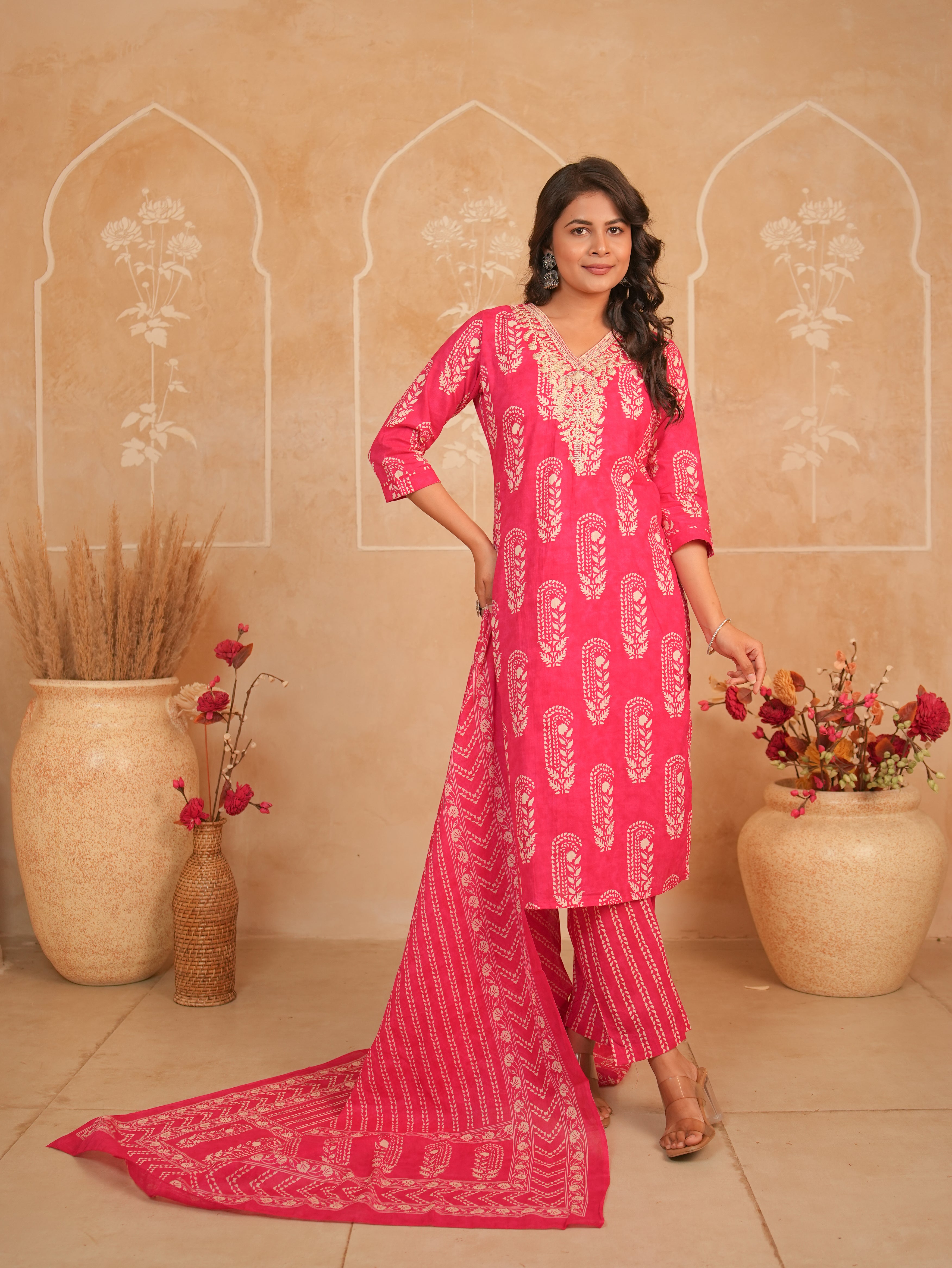 Rani Pink Printed Pure Cotton Kurti Set with Palazzo & Dupatta | Gouri Jaipur