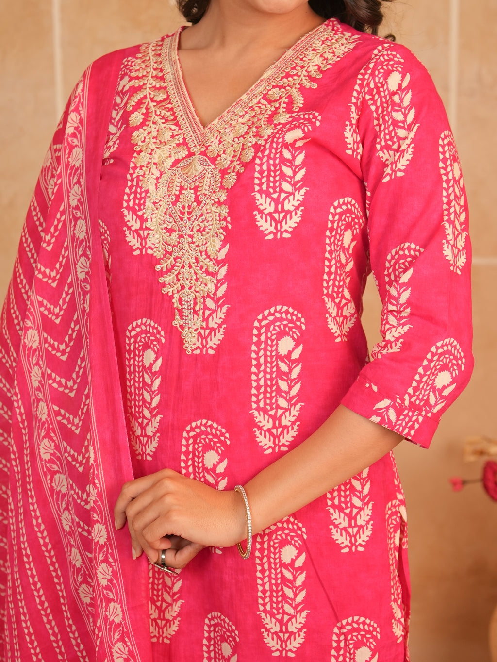 Rani Pink Printed Pure Cotton Kurti Set with Palazzo & Dupatta | Gouri Jaipur