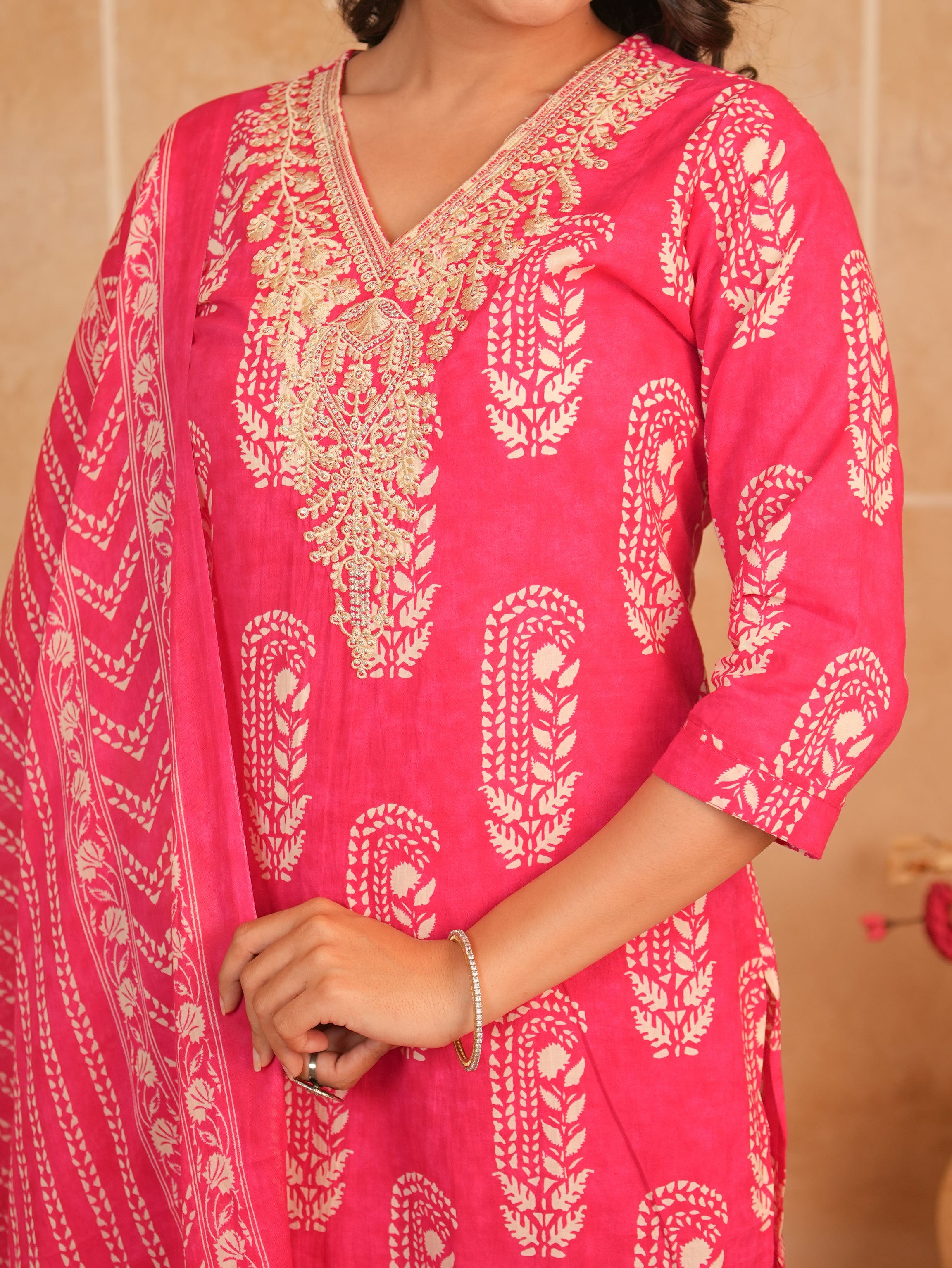 Rani Pink Printed Pure Cotton Kurti Set with Palazzo & Dupatta | Gouri Jaipur