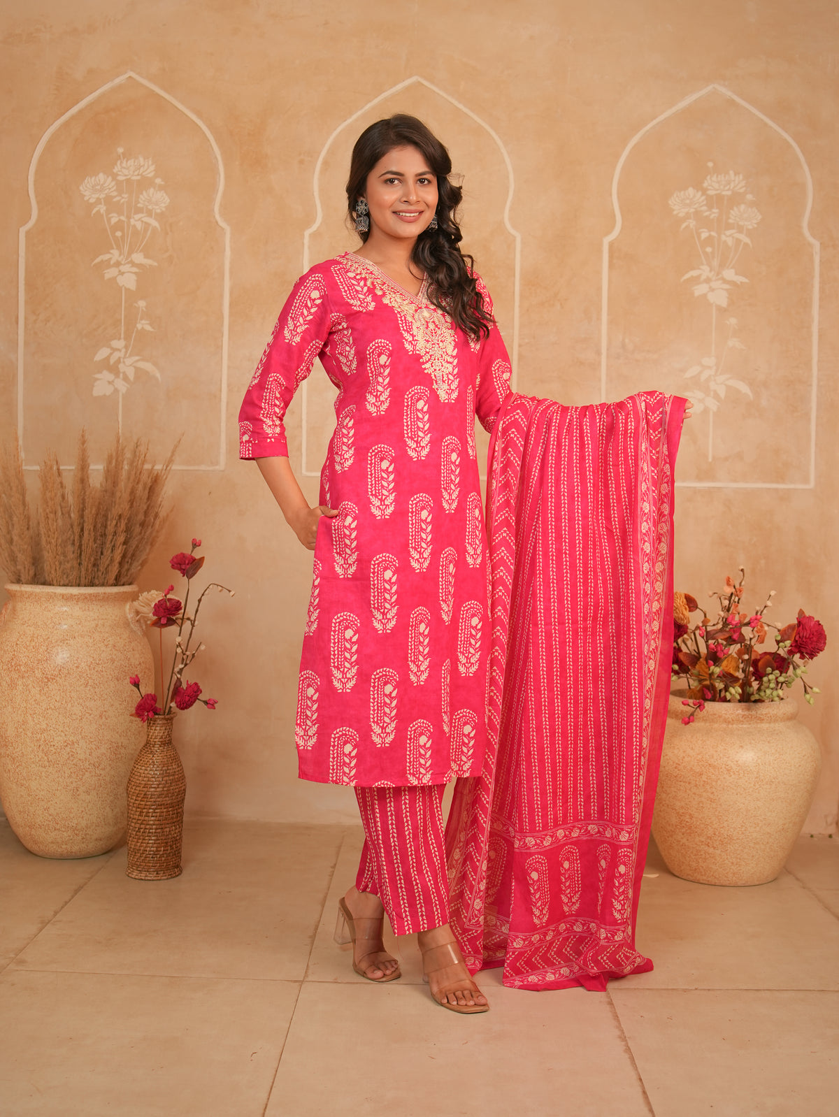 Rani Pink Printed Pure Cotton Kurti Set with Palazzo & Dupatta | Gouri Jaipur