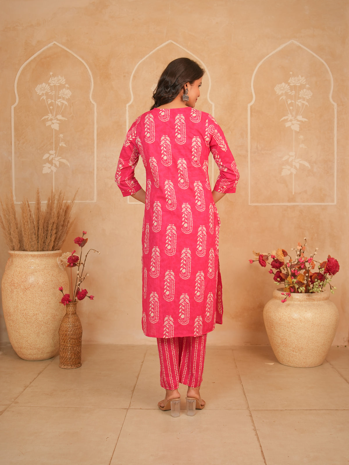 Rani Pink Printed Pure Cotton Kurti Set with Palazzo & Dupatta | Gouri Jaipur