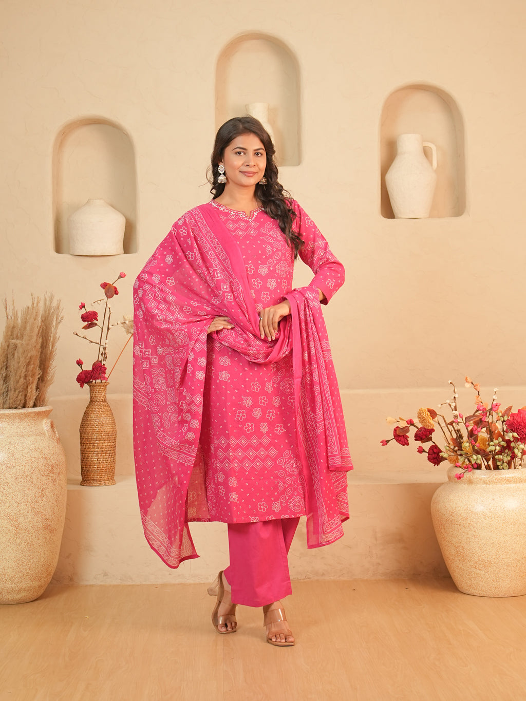 Rani Pink Bandhani Printed Pure Cotton Kurti Set | Gouri Jaipur