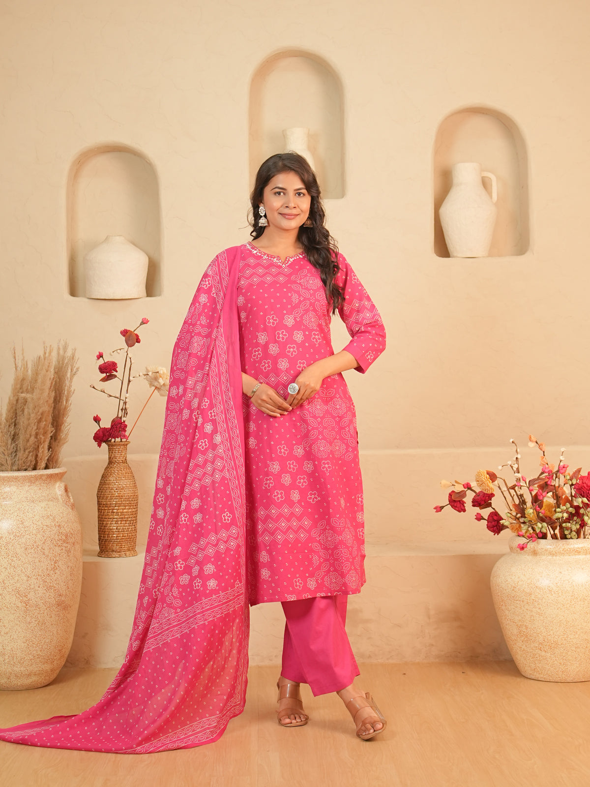 Rani Pink Bandhani Printed Pure Cotton Kurti Set | Gouri Jaipur