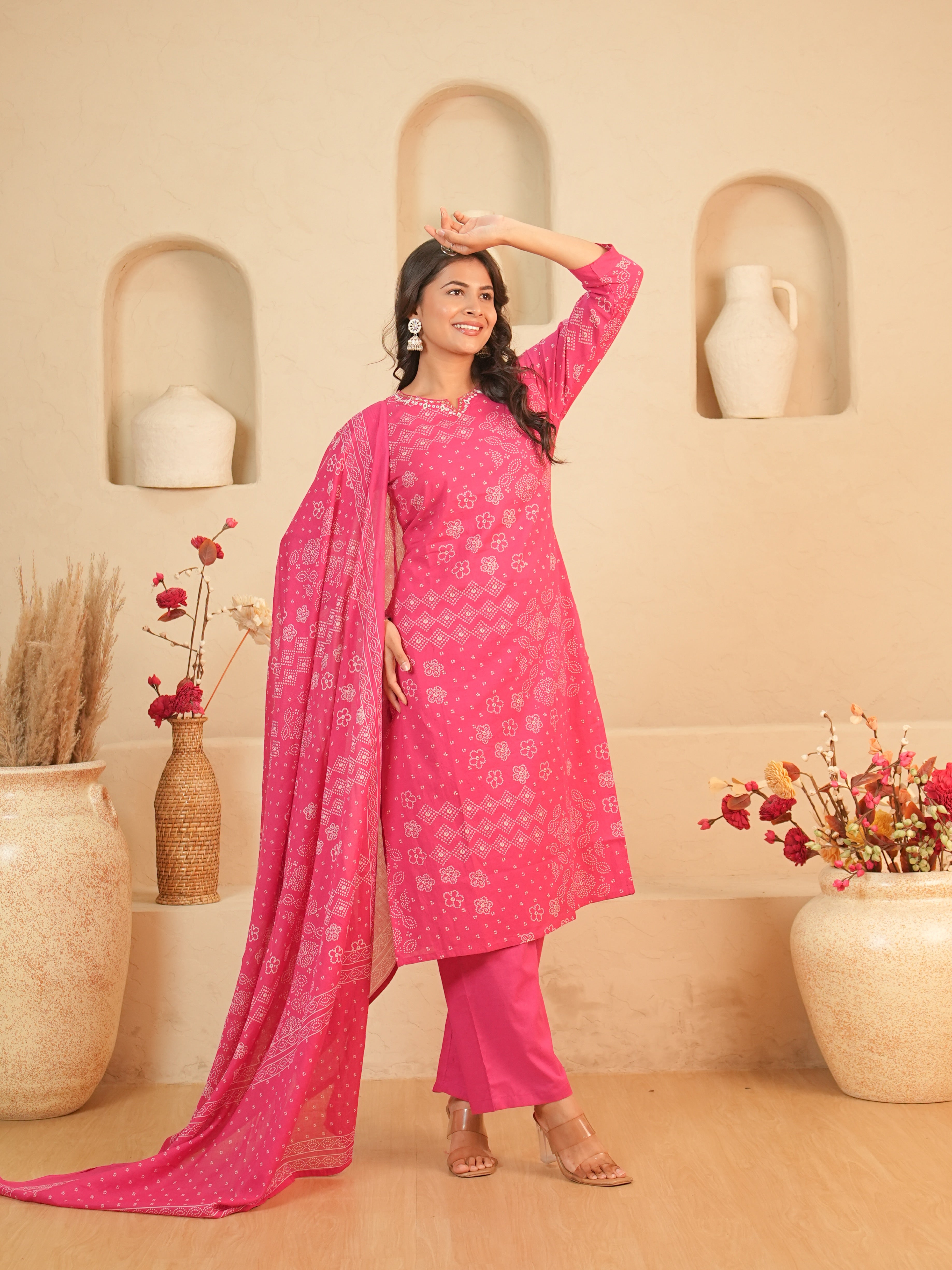 Rani Pink Bandhani Printed Pure Cotton Kurti Set | Gouri Jaipur