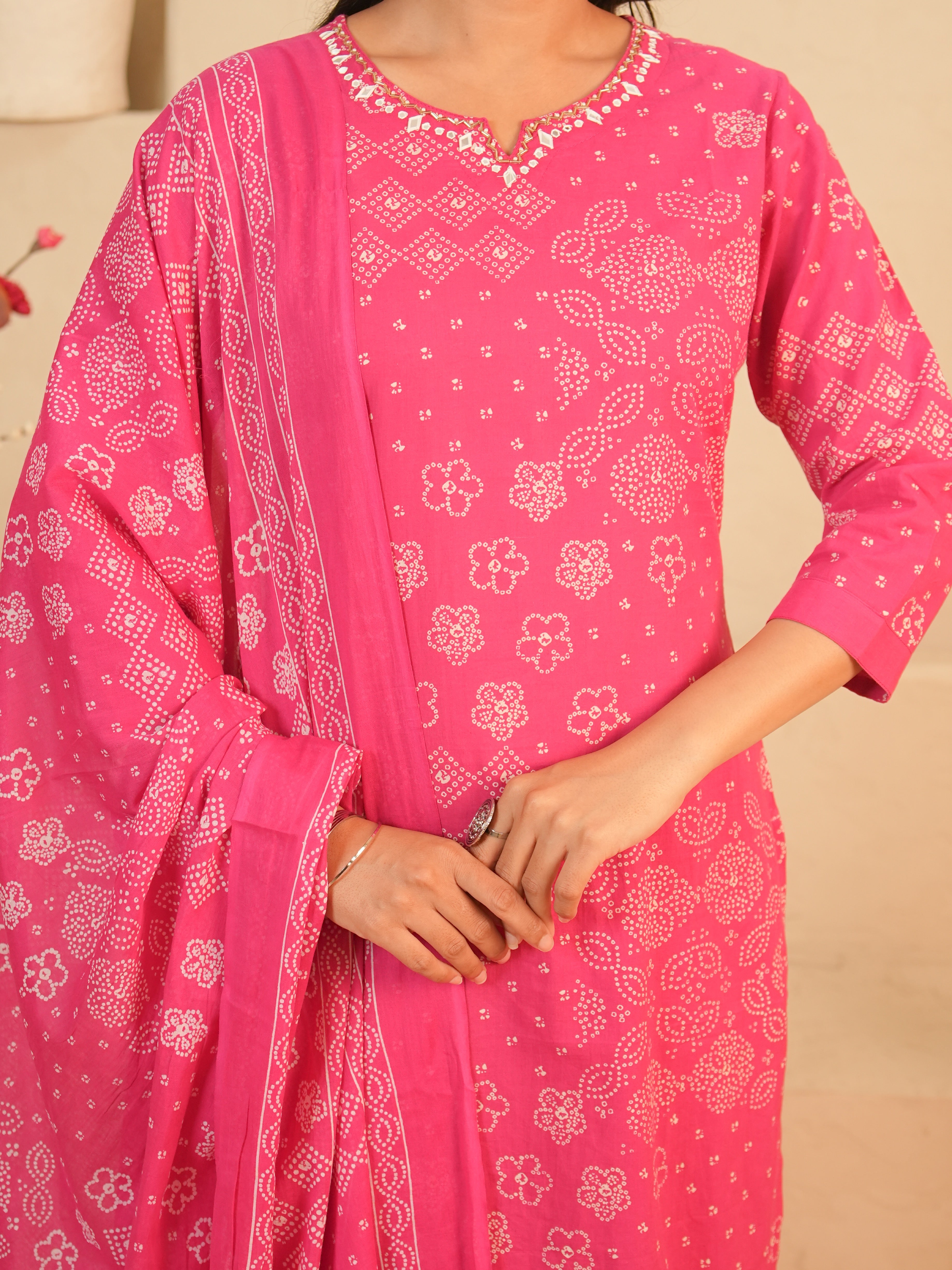 Rani Pink Bandhani Printed Pure Cotton Kurti Set | Gouri Jaipur