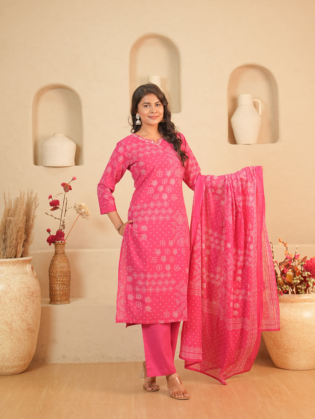 Rani Pink Bandhani Printed Pure Cotton Kurti Set | Gouri Jaipur
