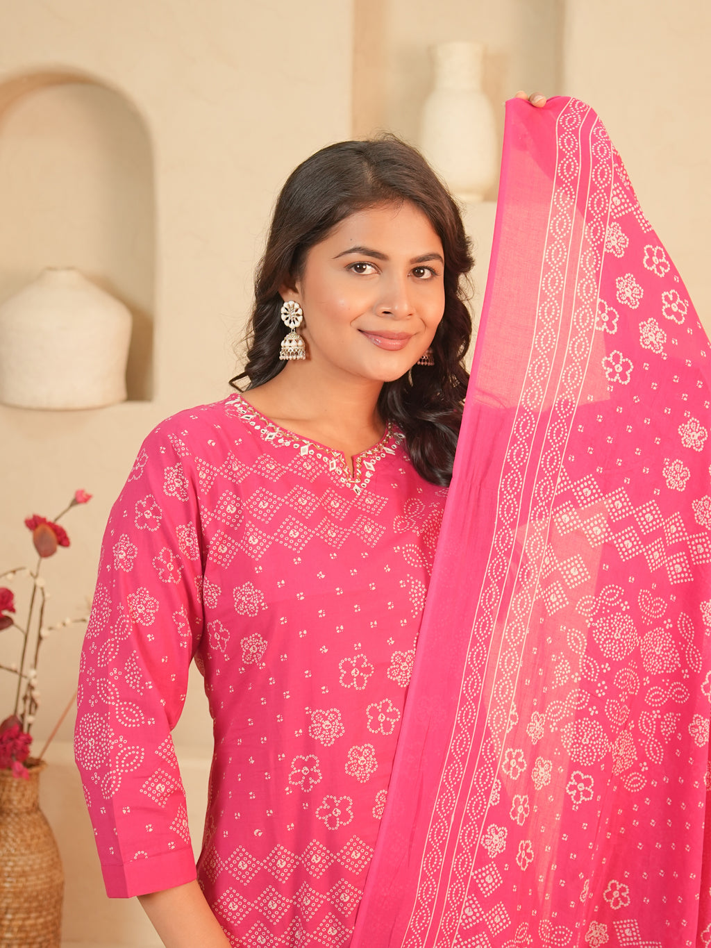 Rani Pink Bandhani Printed Pure Cotton Kurti Set | Gouri Jaipur
