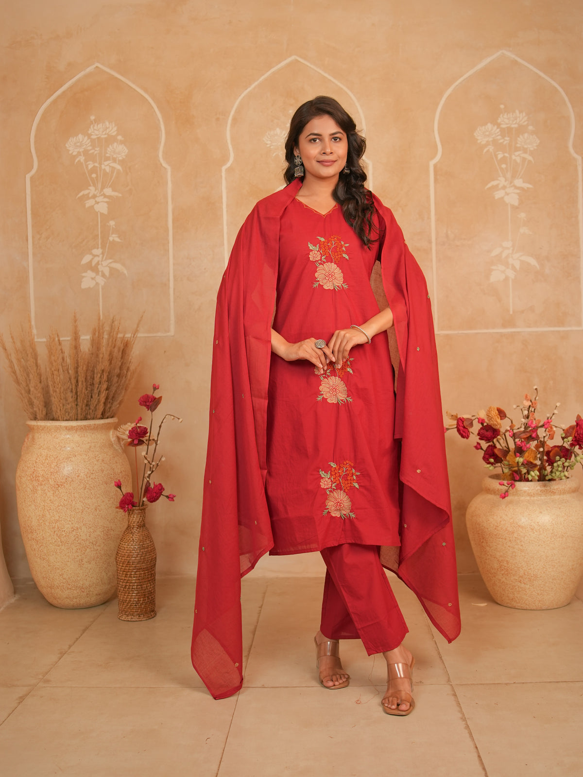 Red Embroidered Pure Cotton Kurti Set with Palazzo & Dupatta | Gouri Jaipur