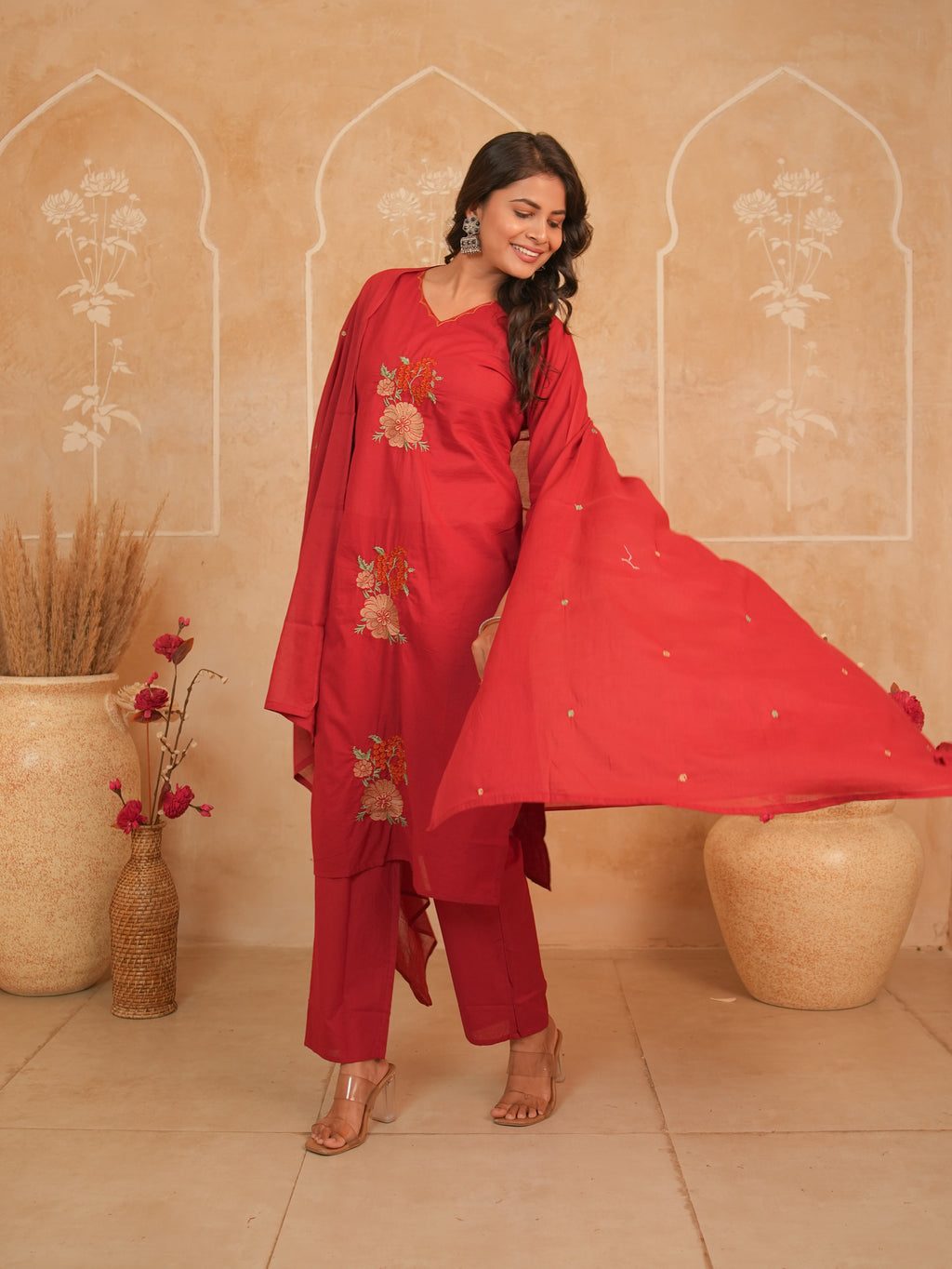 Red Embroidered Pure Cotton Kurti Set with Palazzo & Dupatta | Gouri Jaipur