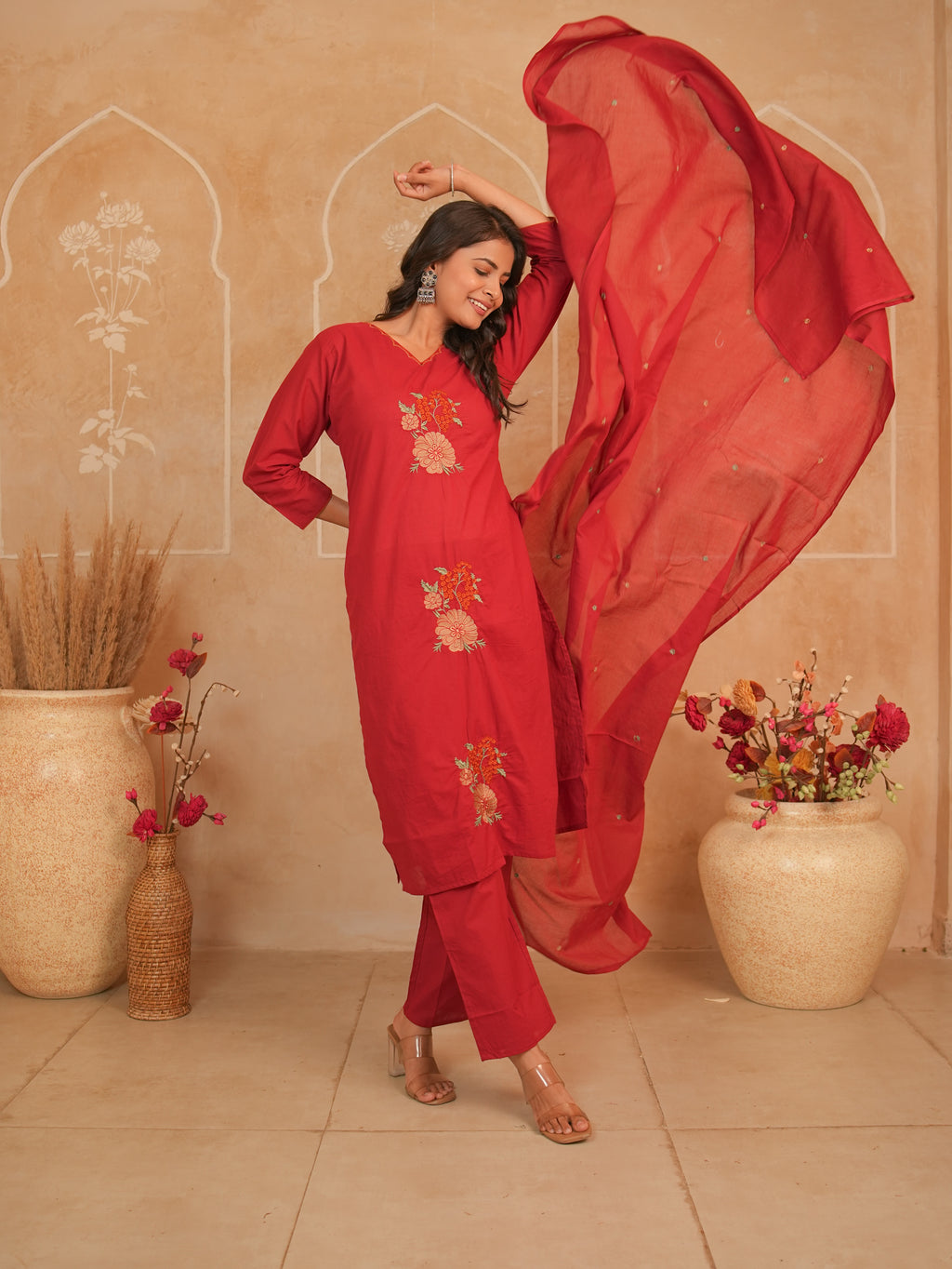 Red Embroidered Pure Cotton Kurti Set with Palazzo & Dupatta | Gouri Jaipur