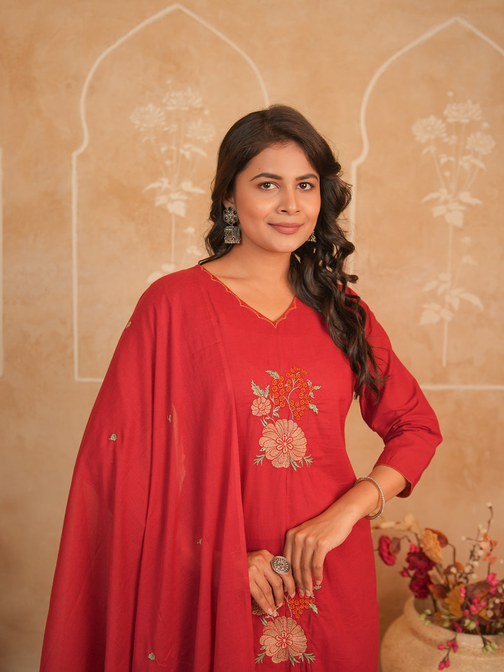 Red Embroidered Pure Cotton Kurti Set with Palazzo & Dupatta | Gouri Jaipur