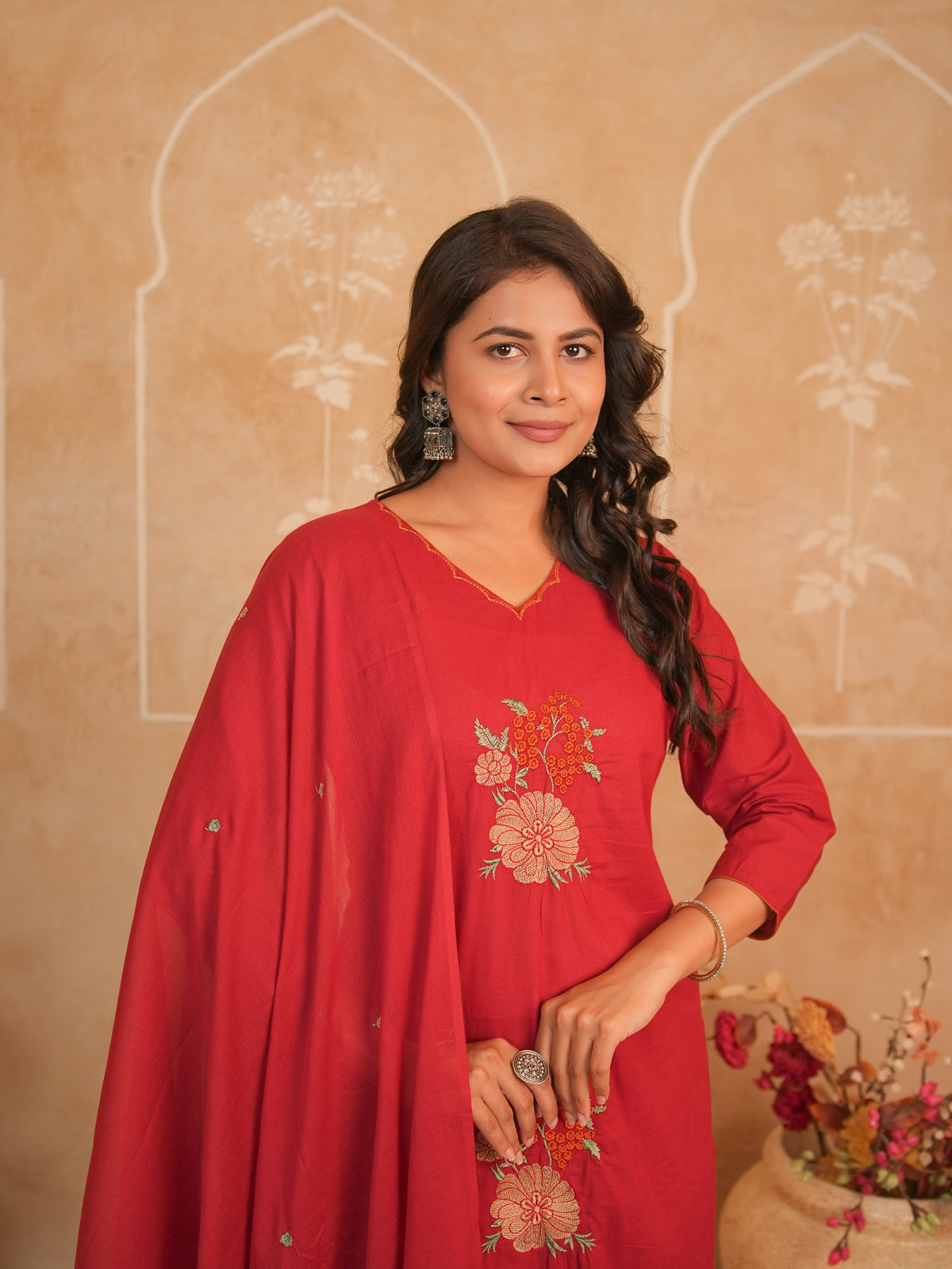 Red Embroidered Pure Cotton Kurti Set with Palazzo & Dupatta | Gouri Jaipur
