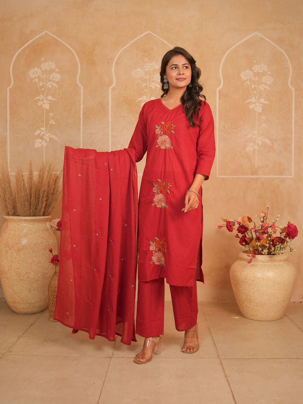 Red Embroidered Pure Cotton Kurti Set with Palazzo & Dupatta | Gouri Jaipur