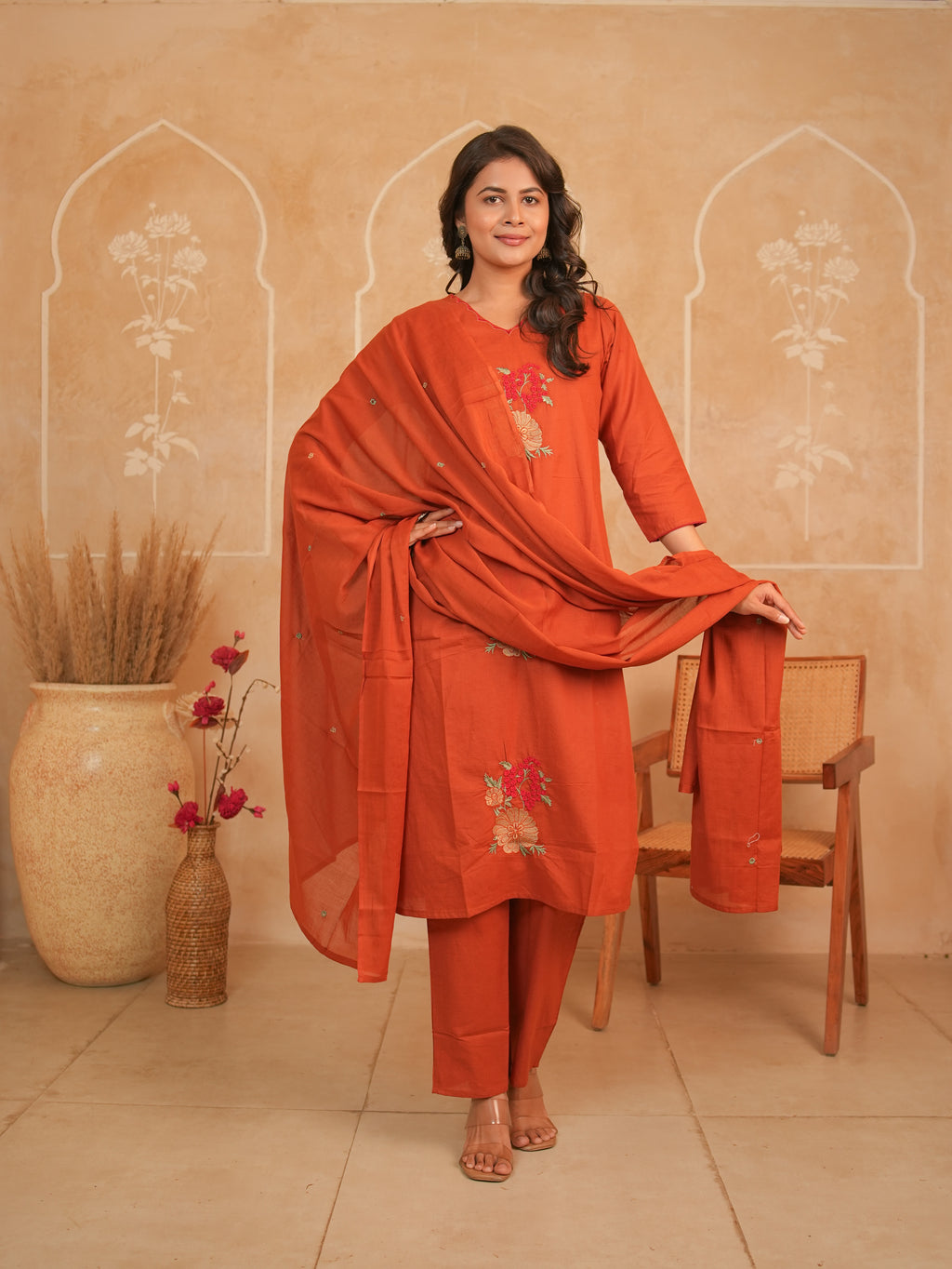 Rust Orange Embroidered Pure Cotton Kurti Set with Dupatta | Gouri Jaipur