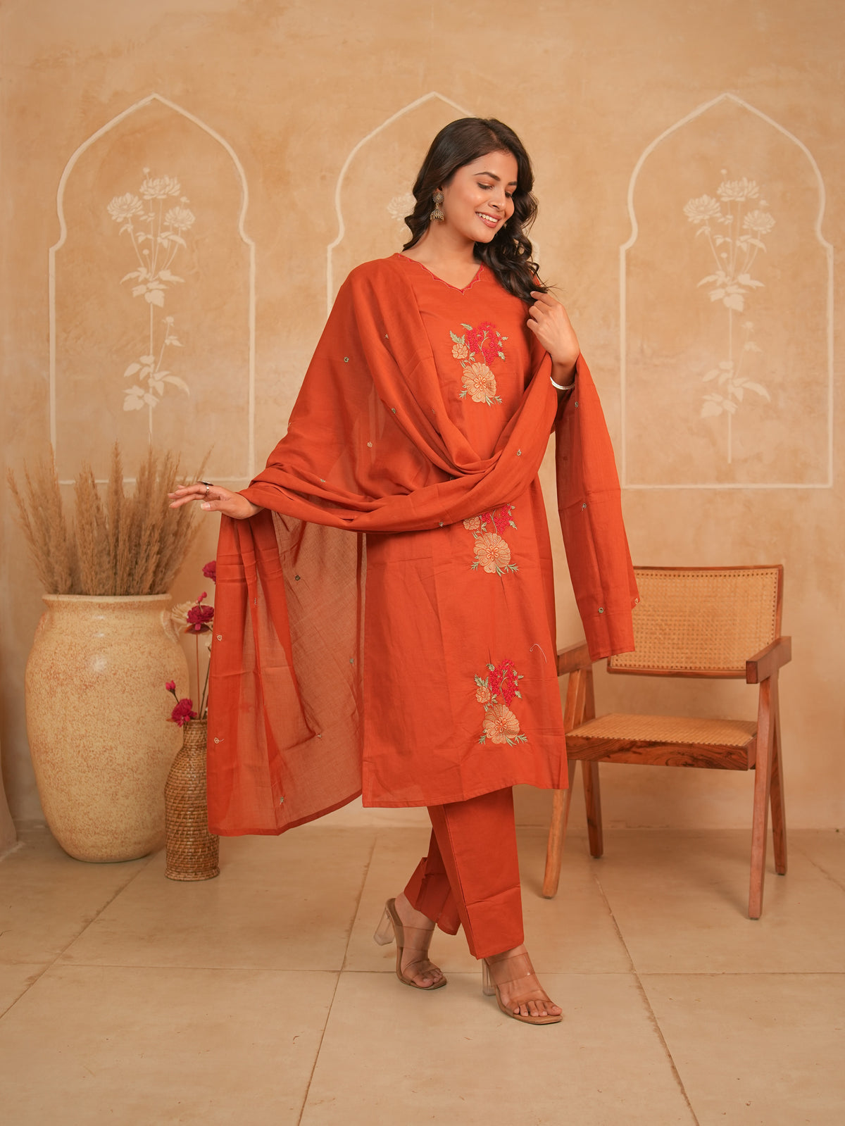 Rust Orange Embroidered Pure Cotton Kurti Set with Dupatta | Gouri Jaipur