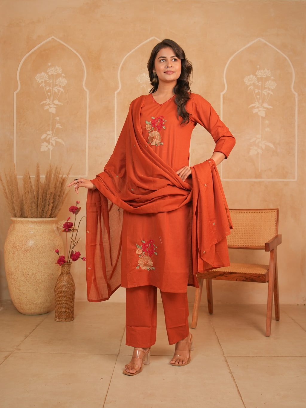 Rust Orange Embroidered Pure Cotton Kurti Set with Dupatta | Gouri Jaipur