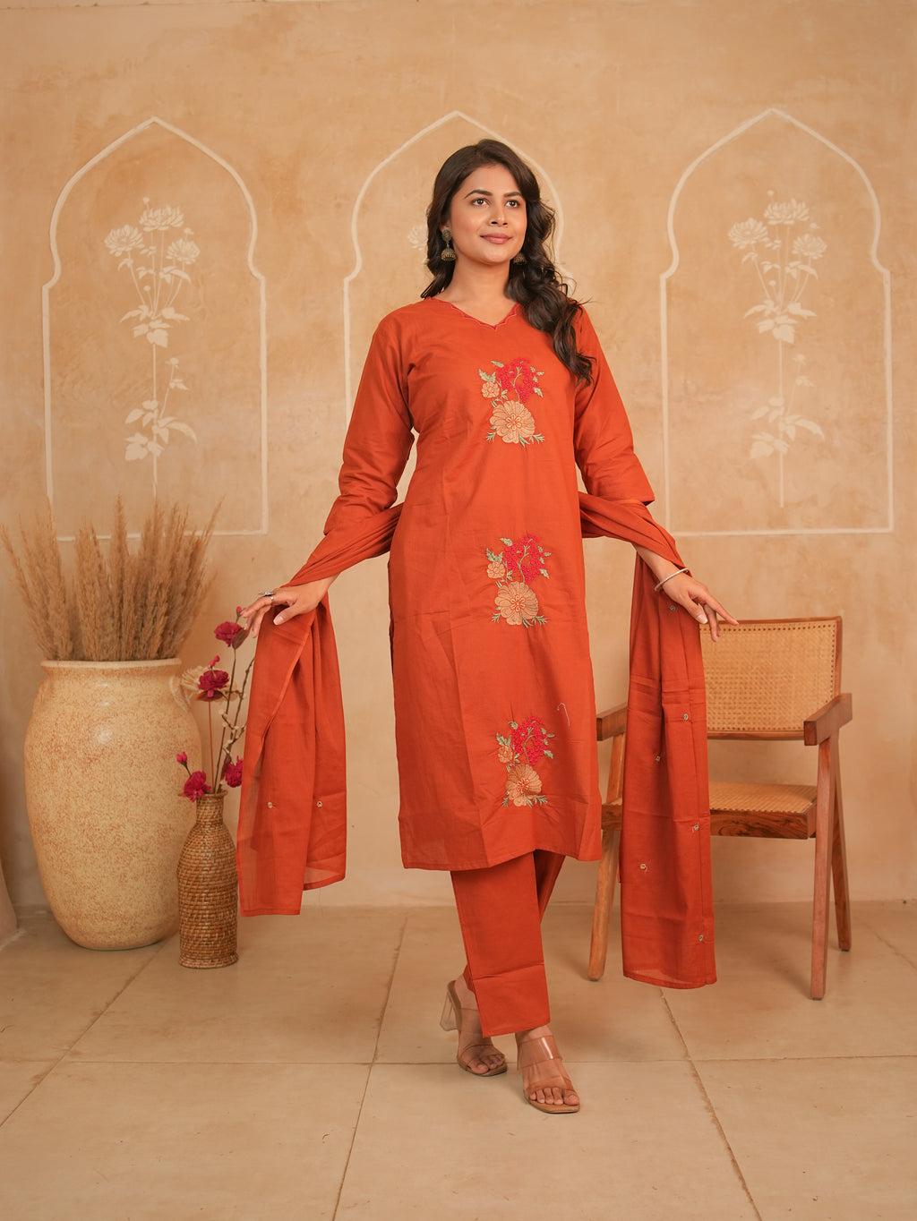 Rust Orange Embroidered Pure Cotton Kurti Set with Dupatta | Gouri Jaipur