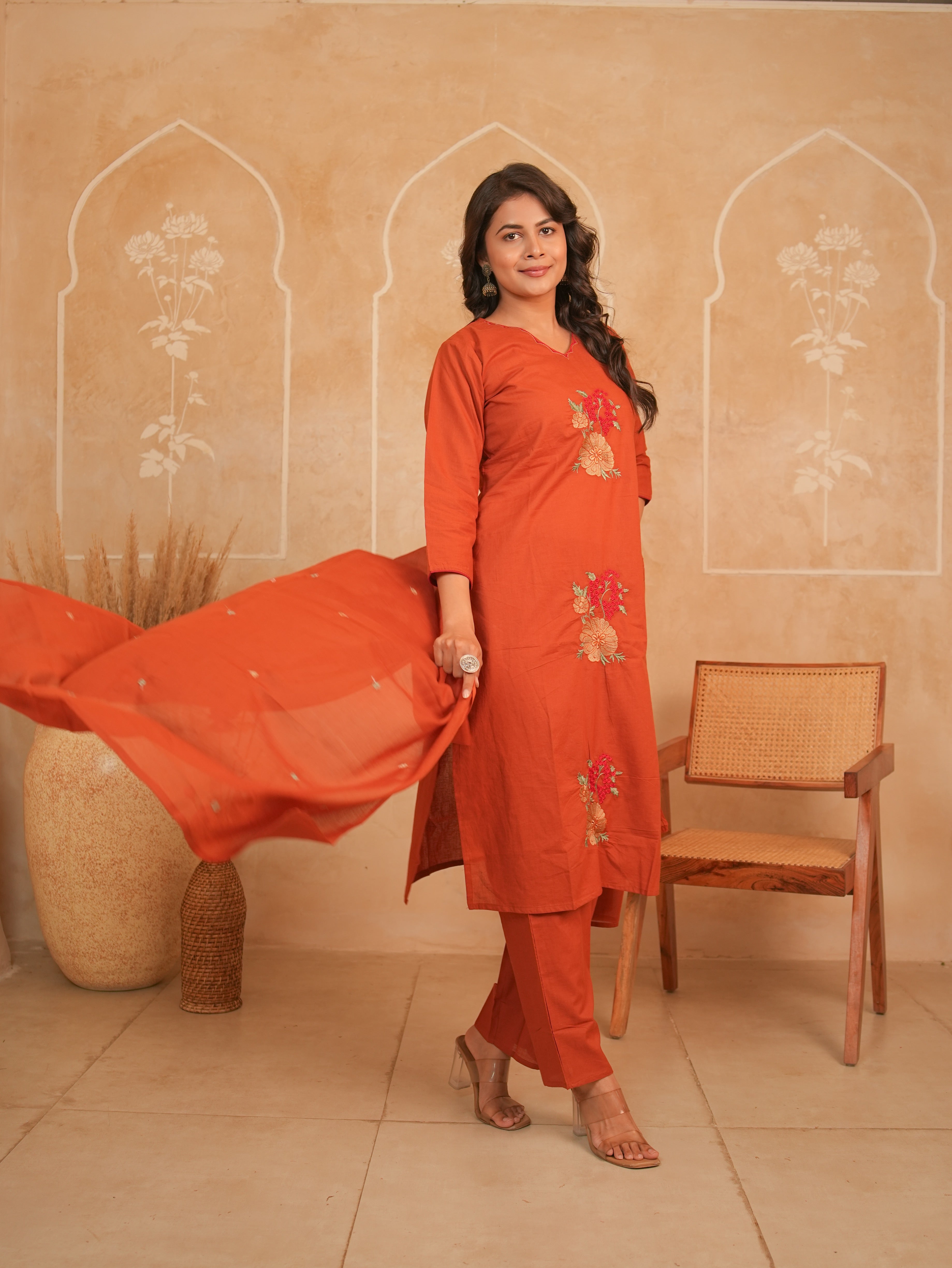 Rust Orange Embroidered Pure Cotton Kurti Set with Dupatta | Gouri Jaipur