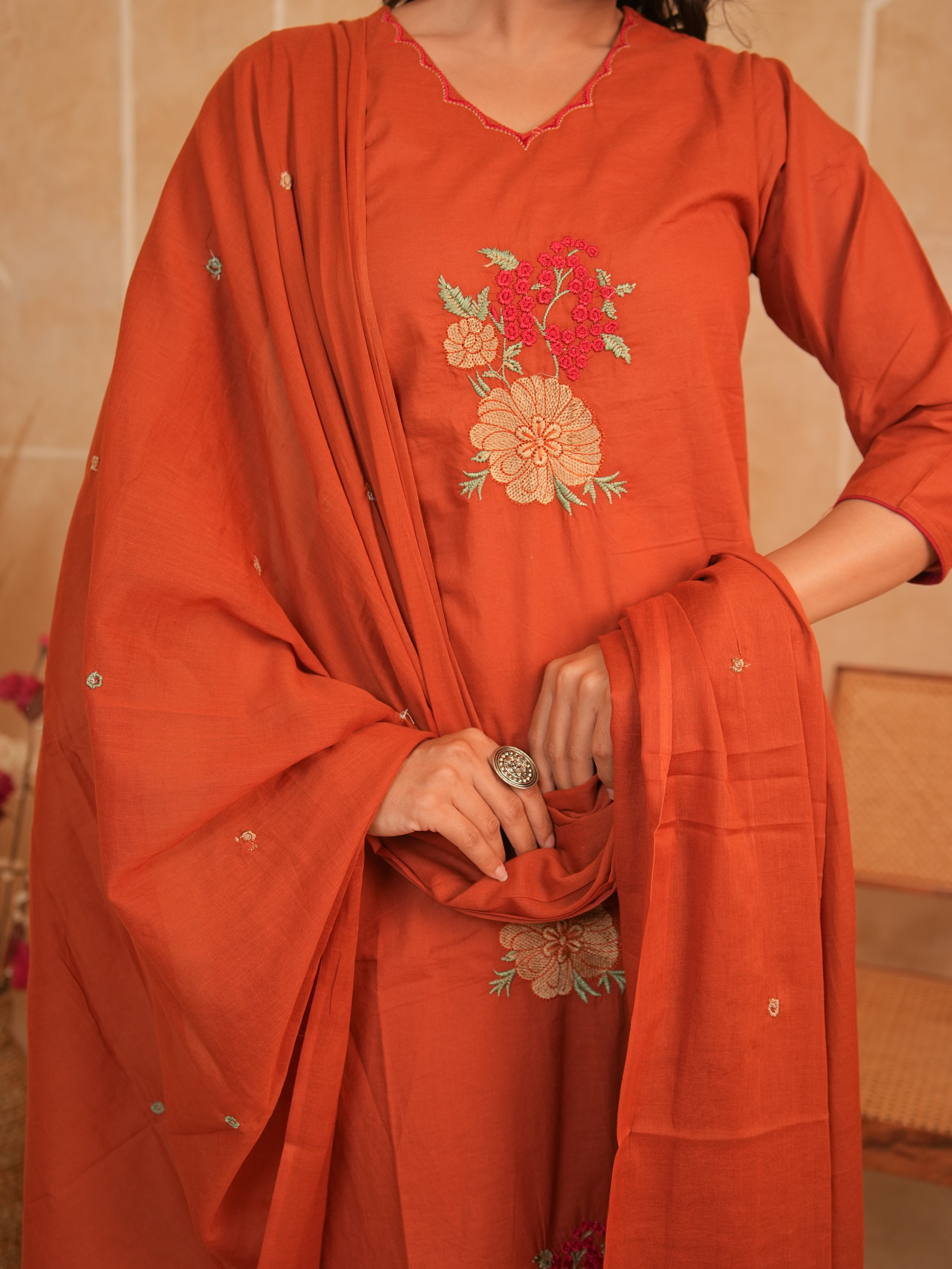 Rust Orange Embroidered Pure Cotton Kurti Set with Dupatta | Gouri Jaipur