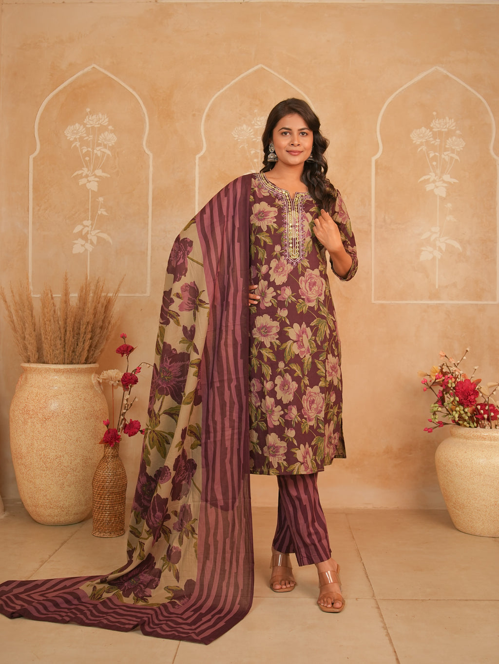 Wine Floral Printed Pure Cotton Kurti Set with Mirror Work Neckline | Gouri Jaipur