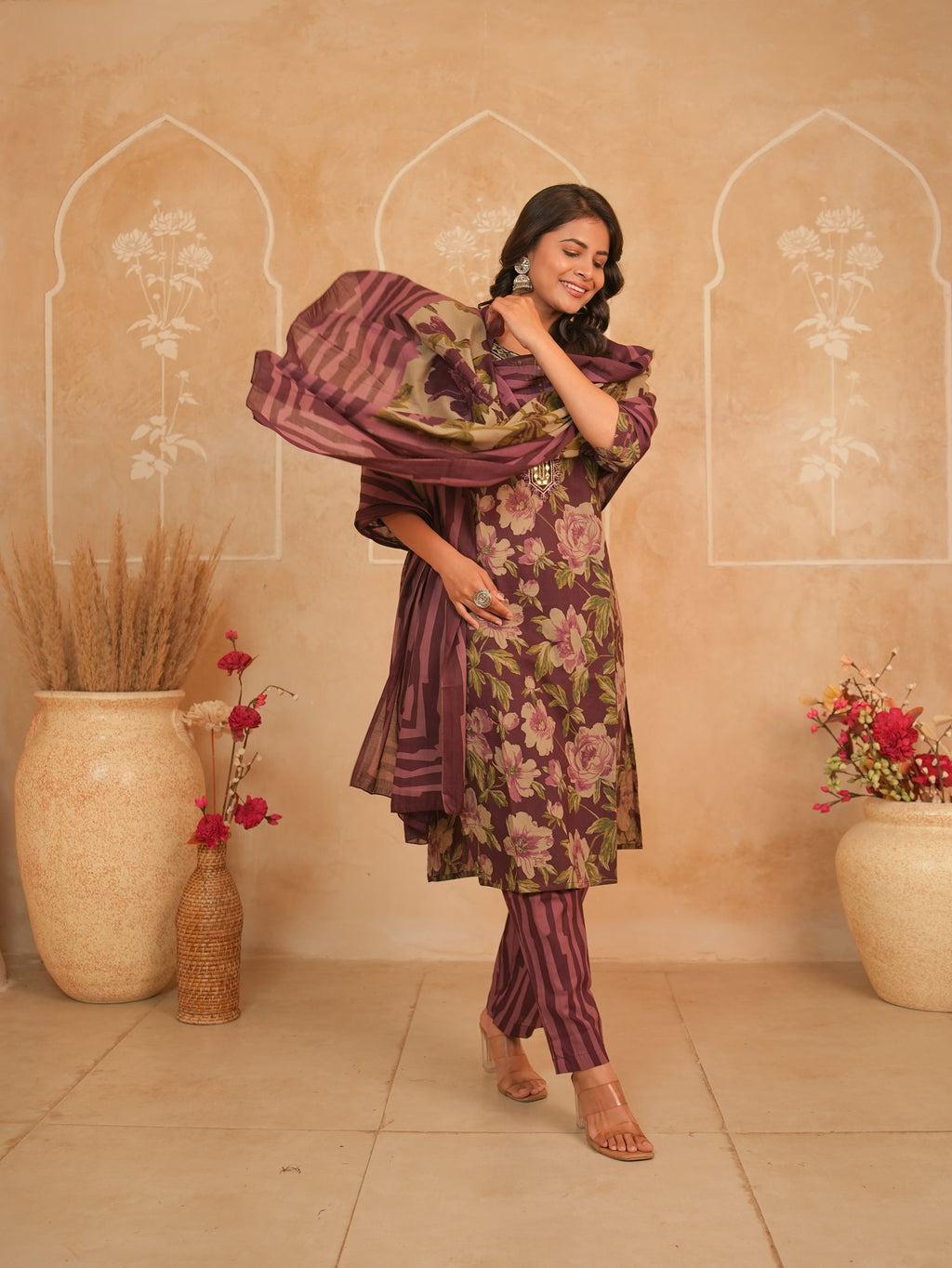 Wine Floral Printed Pure Cotton Kurti Set with Mirror Work Neckline | Gouri Jaipur